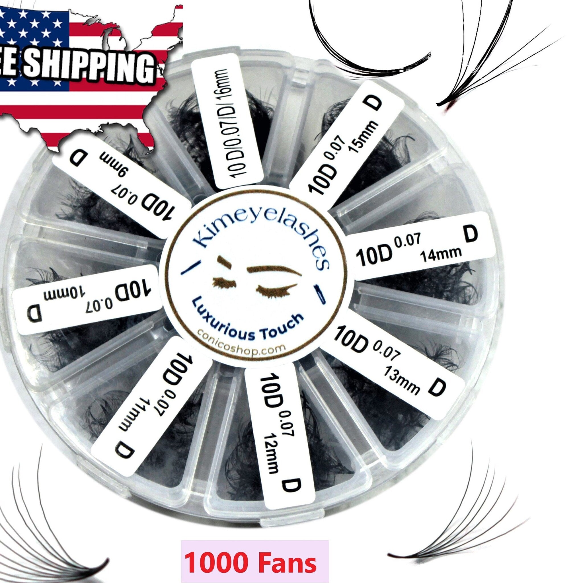 Eyelash extensions in black, synthetic material, with Kimeyelashes brand labels in a round container
