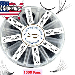 Eyelash extensions in black, synthetic material, with Kimeyelashes brand labels in a round container