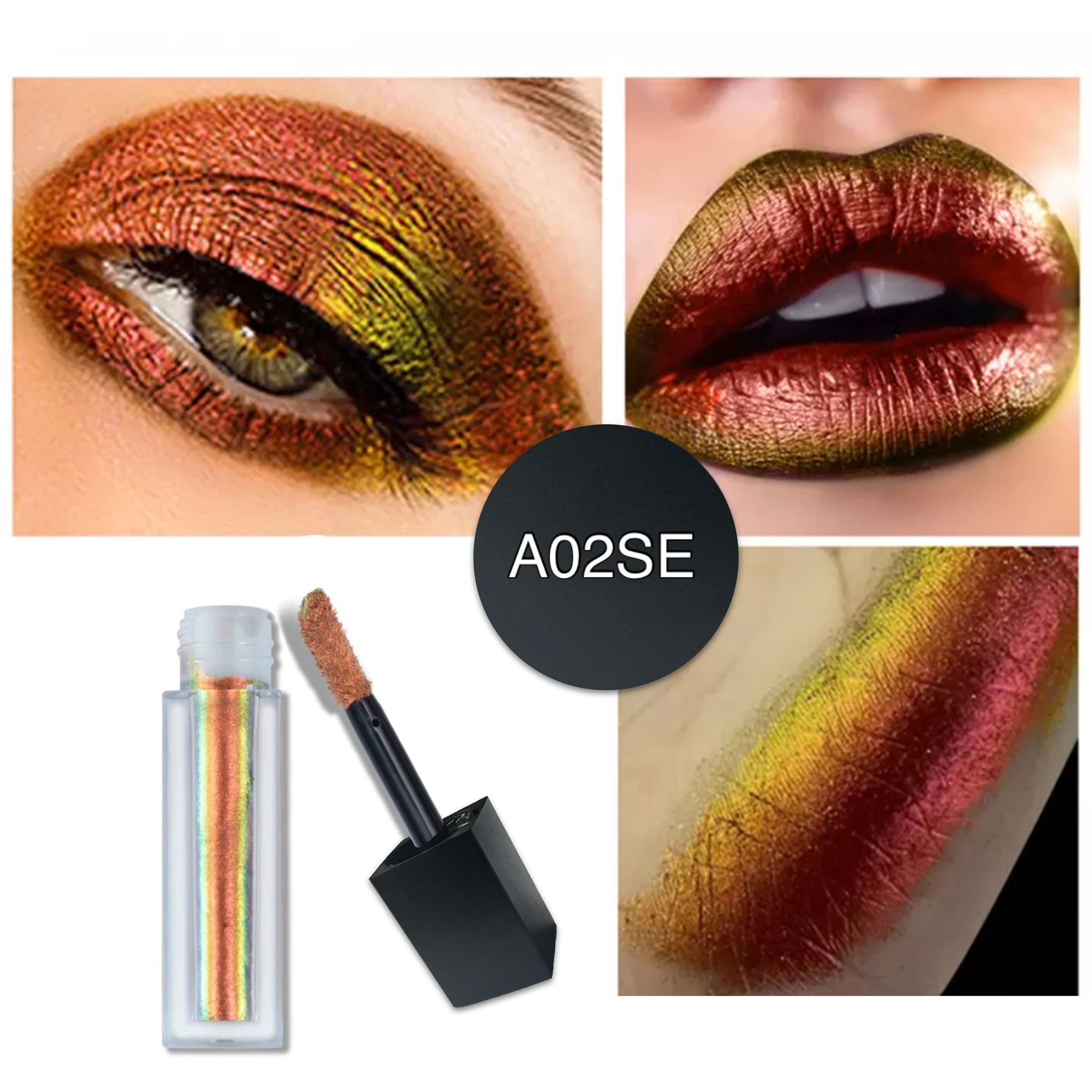 Close-up of multichrome liquid eyeshadow shifting between silver, gold, and pink hues in sleek tube packaging