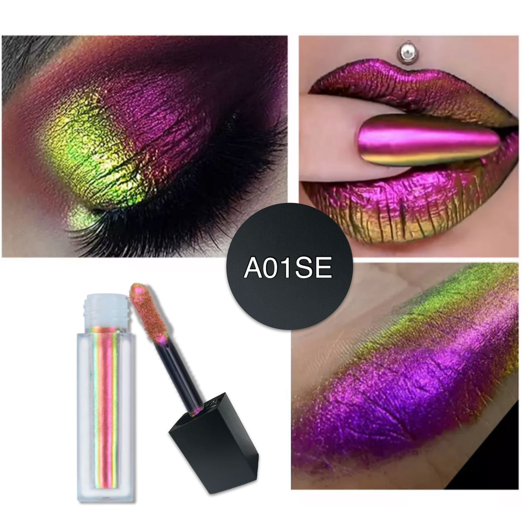 Silver and black sleek tube of liquid eyeshadow with chrome gradient effect and glossy finish