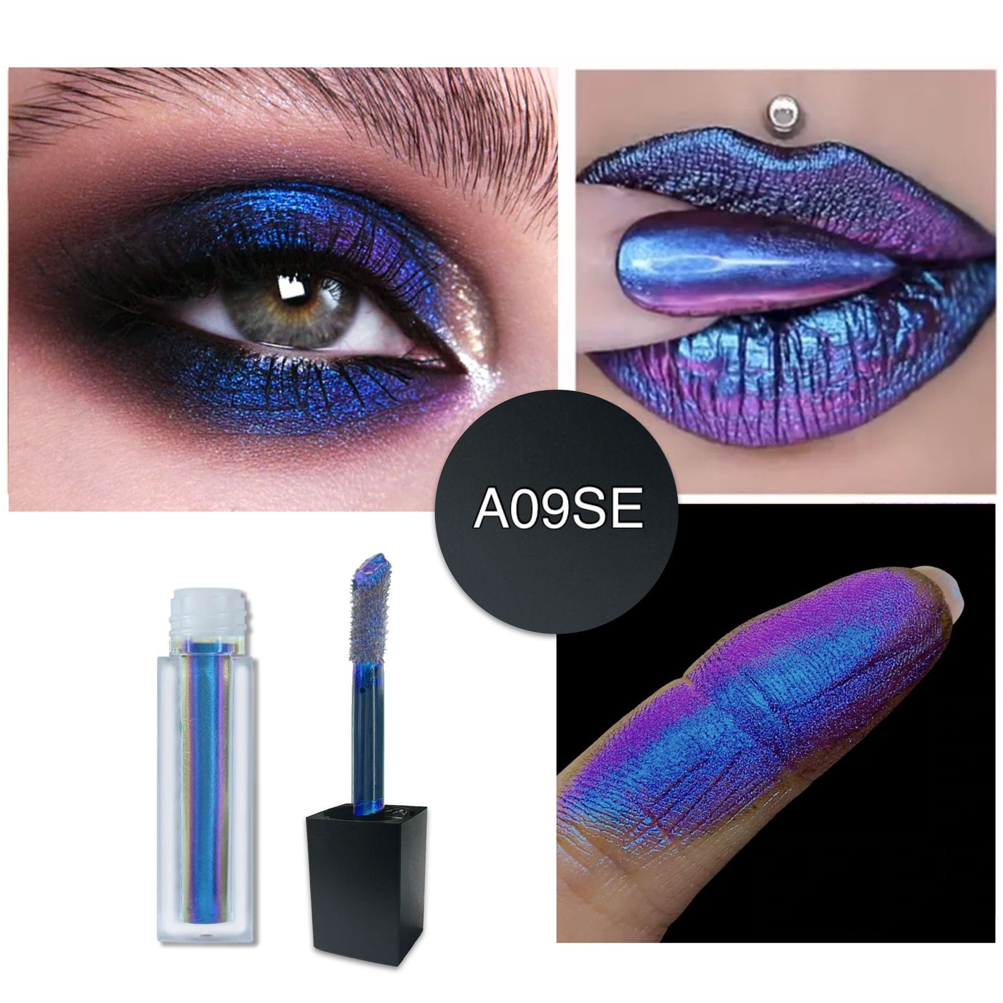 Close-up of shifting multichrome liquid eyeshadow catching light with mirror-like chrome shine
