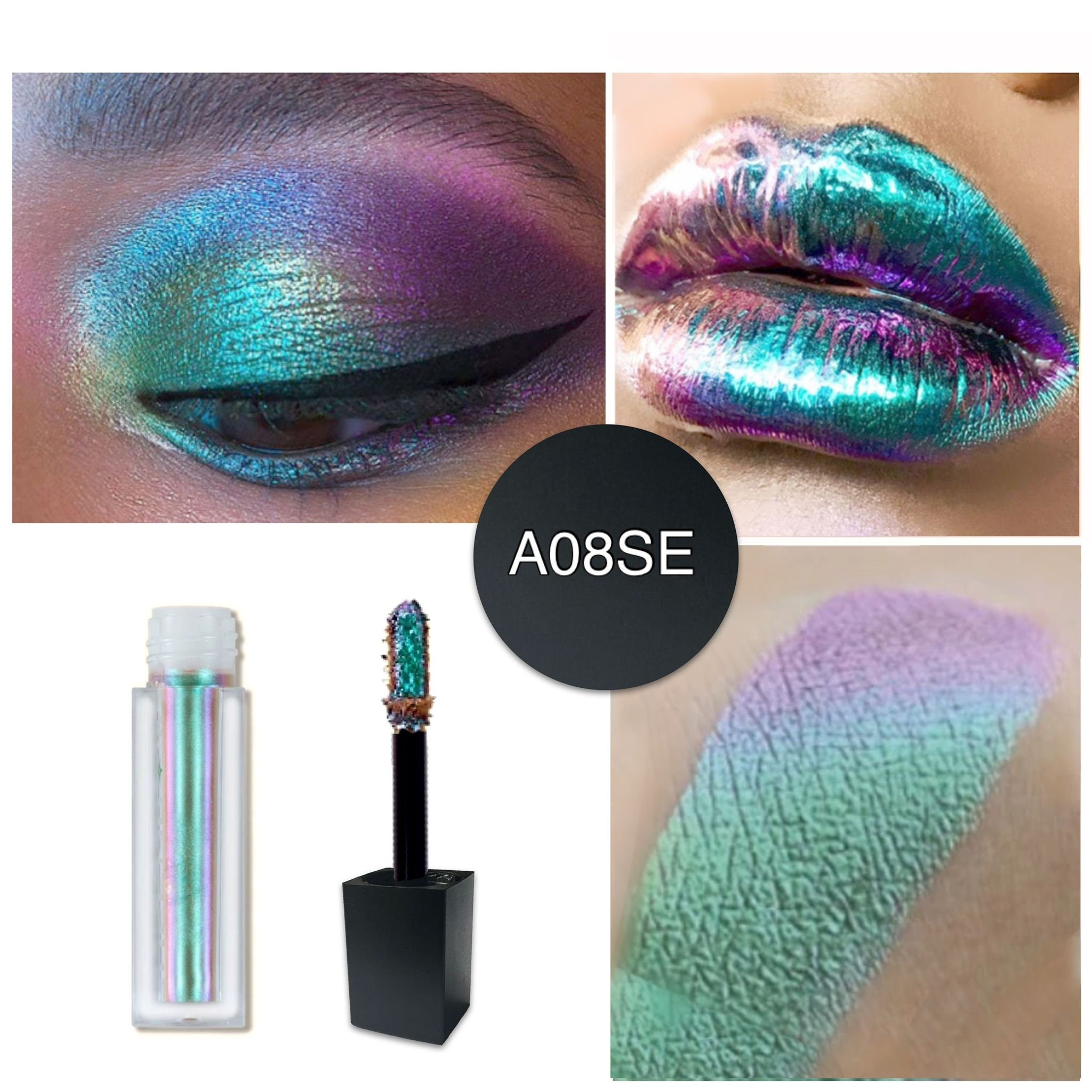 Side view of chameleon multichrome liquid eyeshadow bottle showing mirror chrome shine and dropper applicator