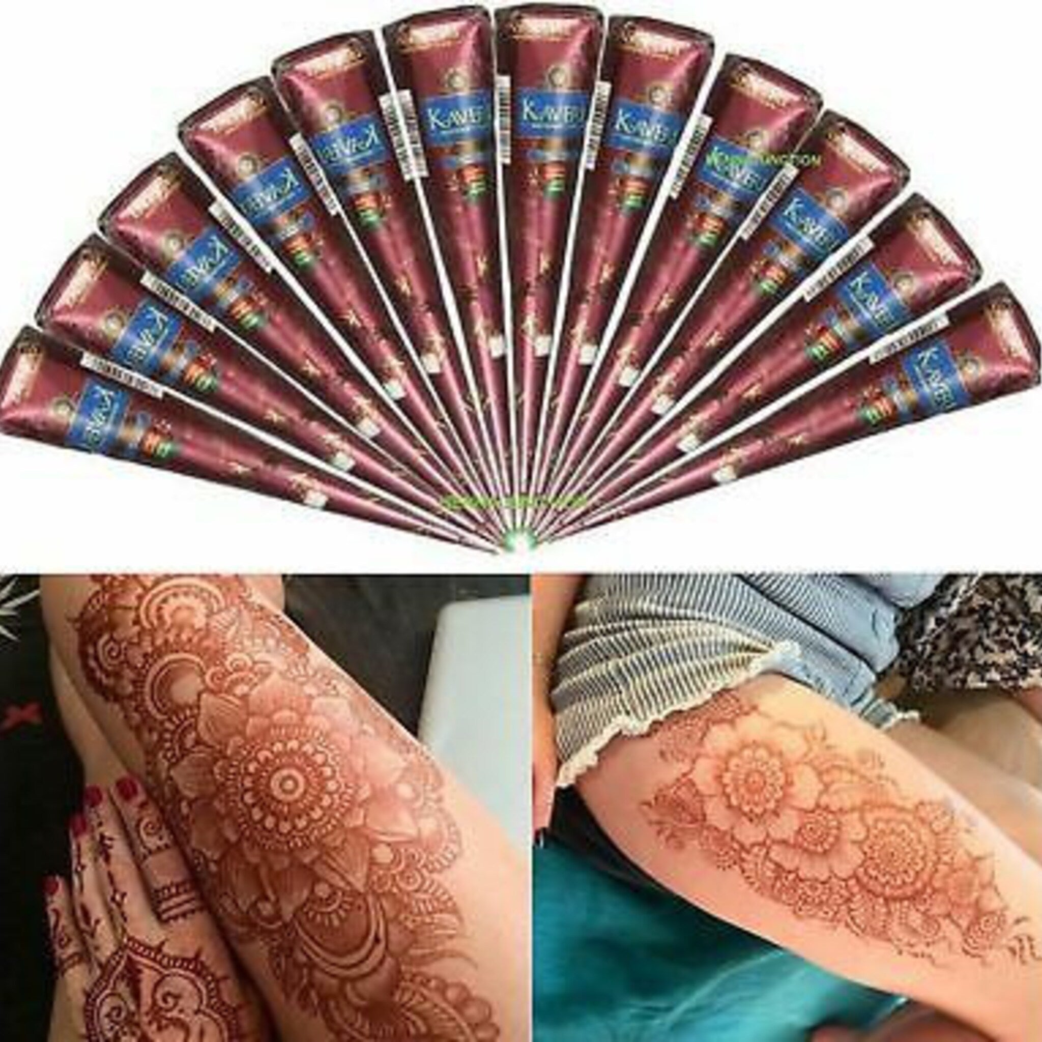 12 natural brown henna cones displayed with organic leaves and skincare tools for authentic application