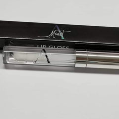 Lip gloss with clear tube and silver cap, "Monet" branding on the black box and tube.