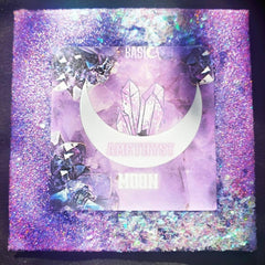 Amethyst Moon palette open with 2 matte purples and 1 shimmer glitter shade arranged in circular pans