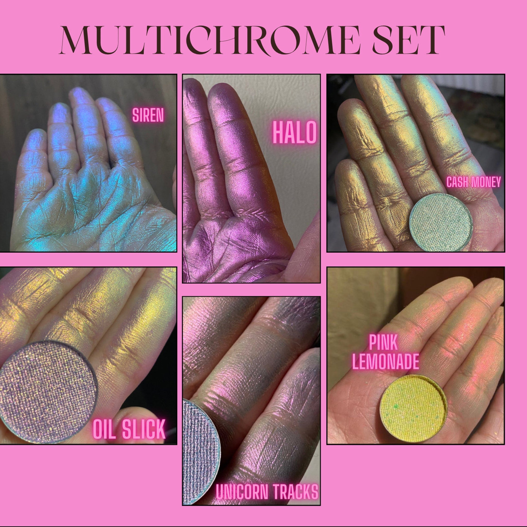 Multichrome eyeshadow palette with shifting iridescent hues in compact mirrored case
