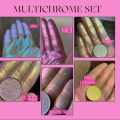 Multichrome eyeshadow palette with shifting iridescent hues in compact mirrored case