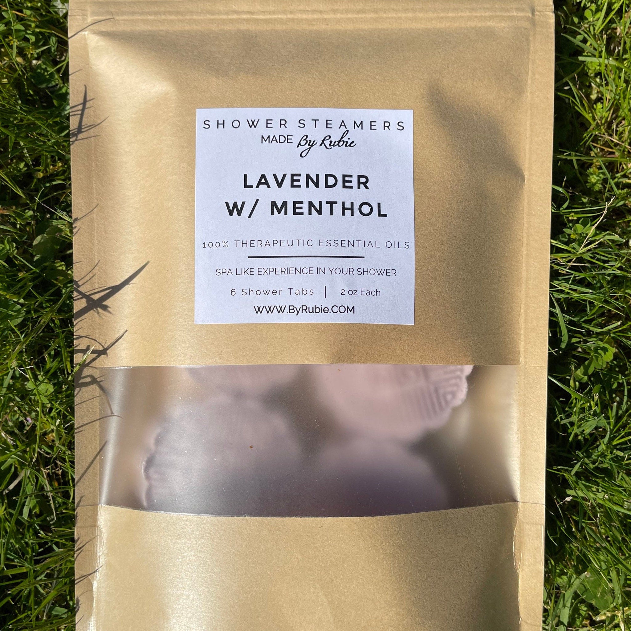 Shower steamers in brown paper bag with clear window, lavender scent by By Rubie