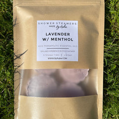 Shower steamers in brown paper bag with clear window, lavender scent by By Rubie