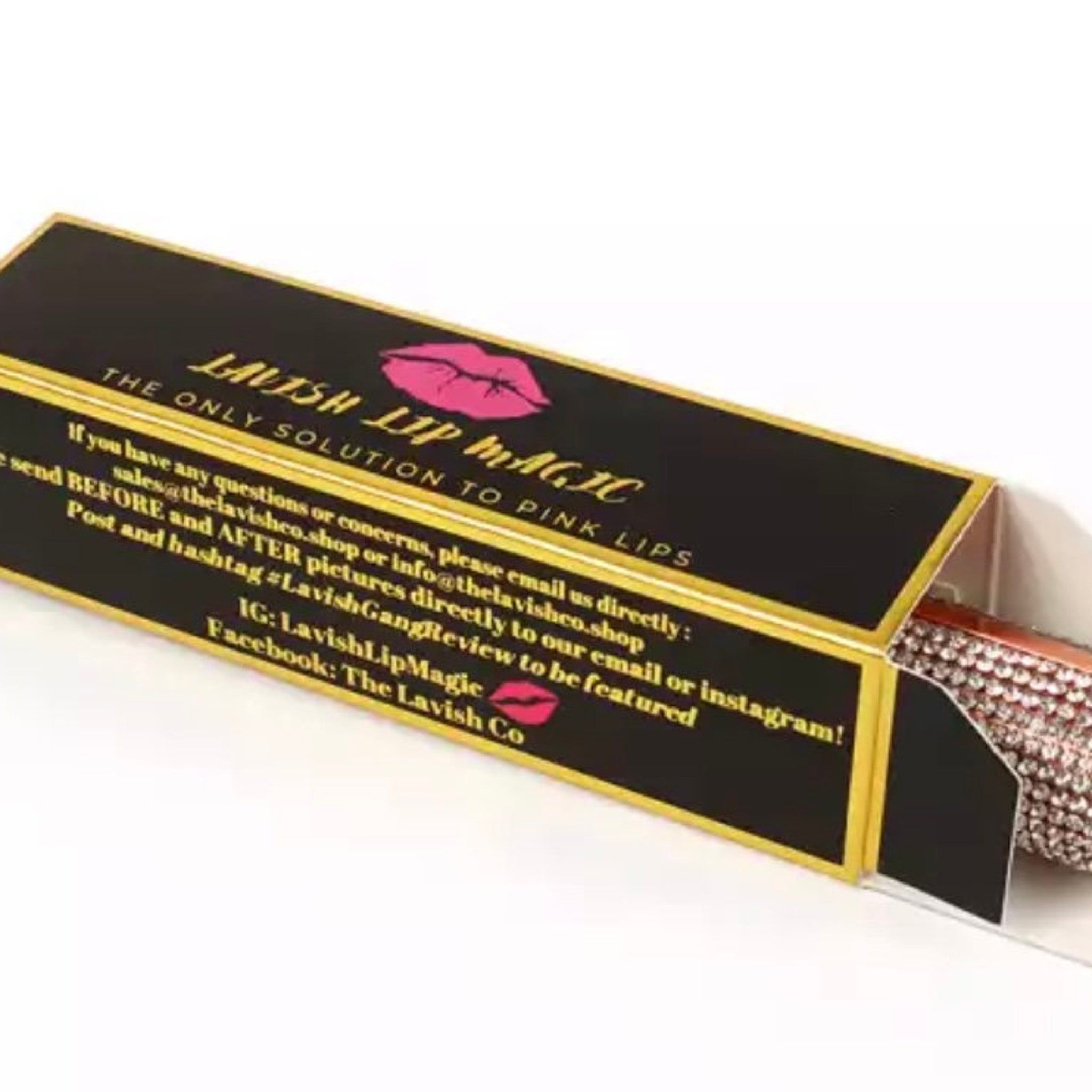 Side view of sleek gold-toned lip treatment tube with minimalist branding, showcasing its tapered design