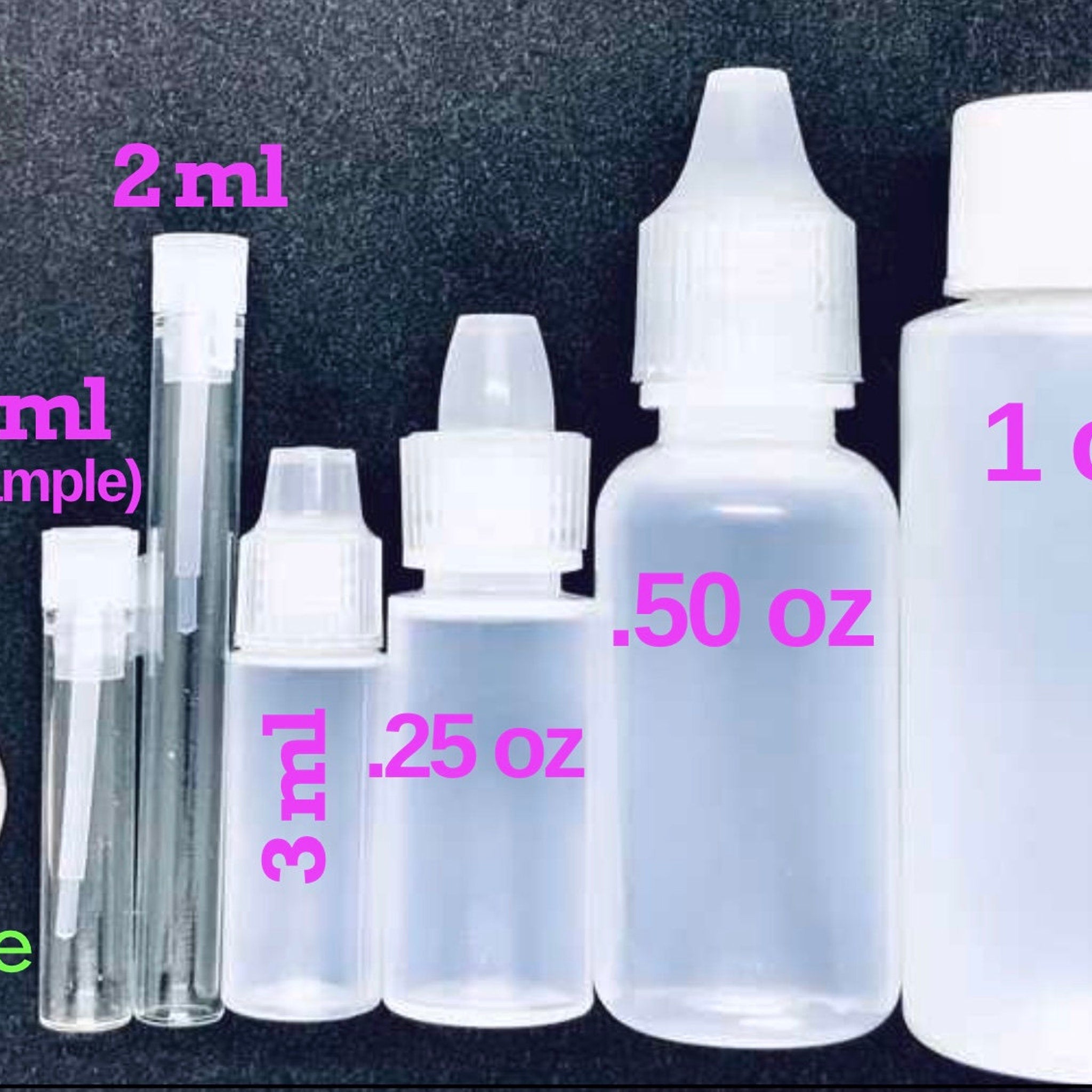 Clear plastic dropper bottles with white caps, various sizes and measurements labeled in pink text