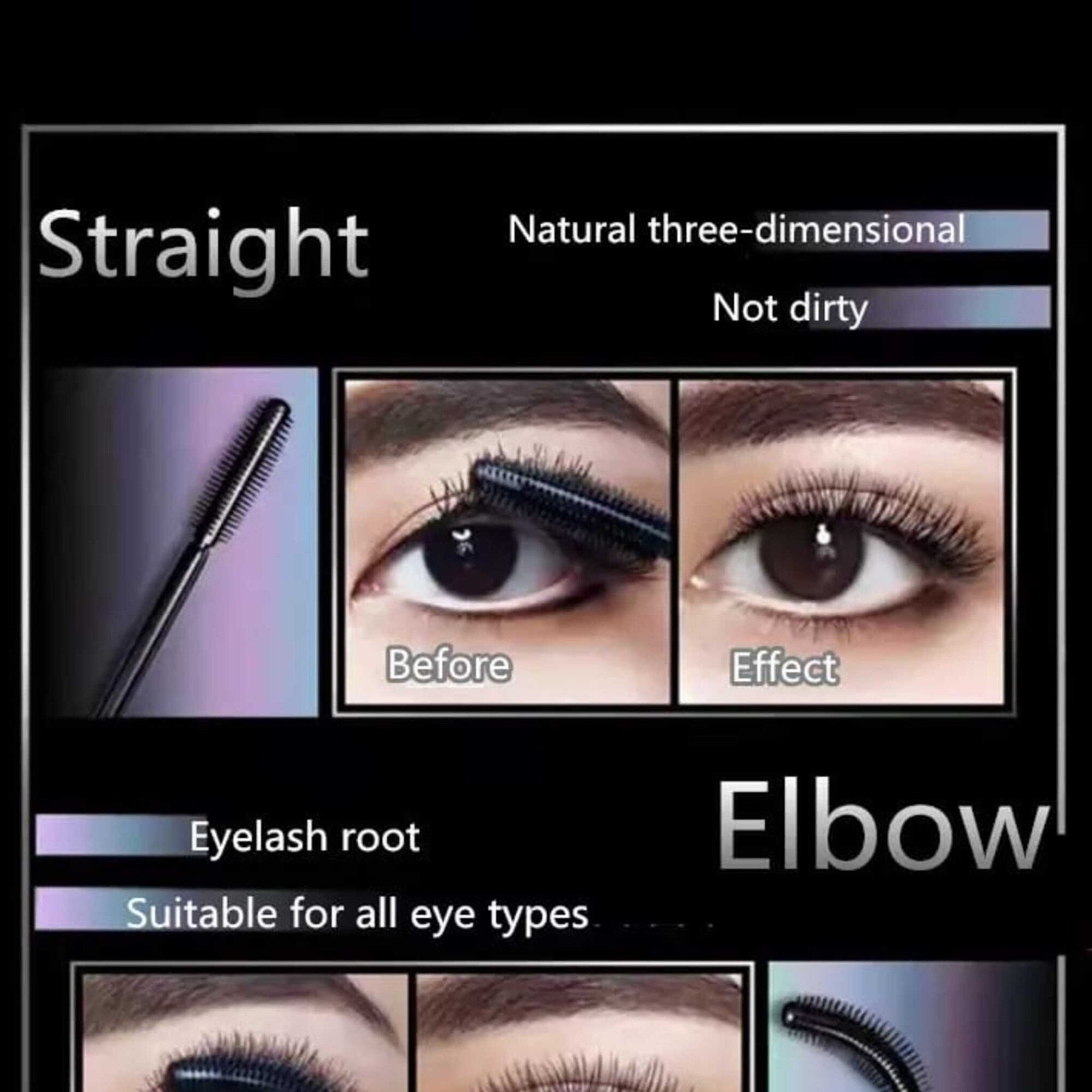 Mascara applicator with black bristles and a curved handle, shown on eye for effect comparison