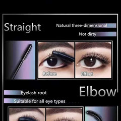 Mascara applicator with black bristles and a curved handle, shown on eye for effect comparison