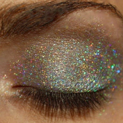 Close-up of holographic pink and blue eyeshadow with shimmering iridescent finish in compact palette