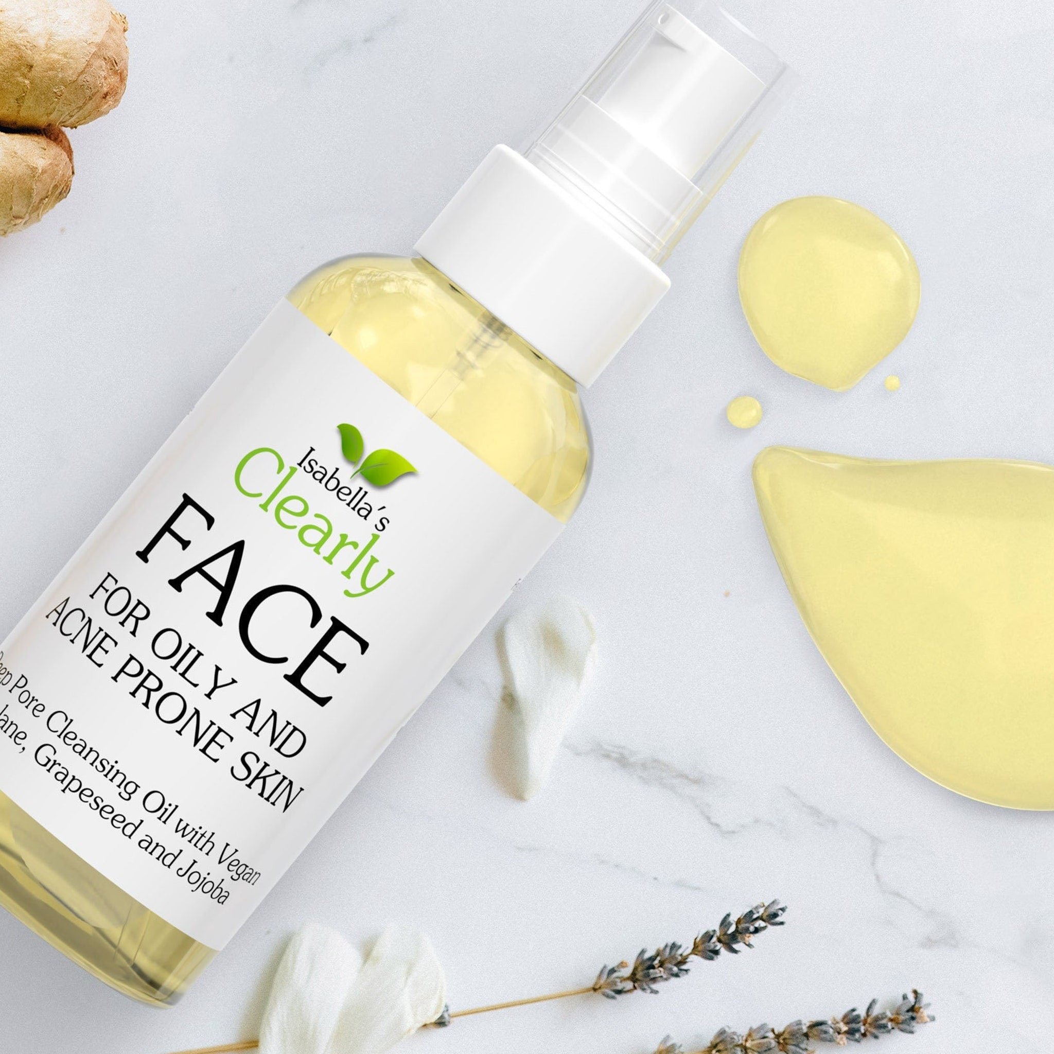Face cleansing oil bottle with white pump, yellow liquid, and Isabella's Clearly Face label on white background
