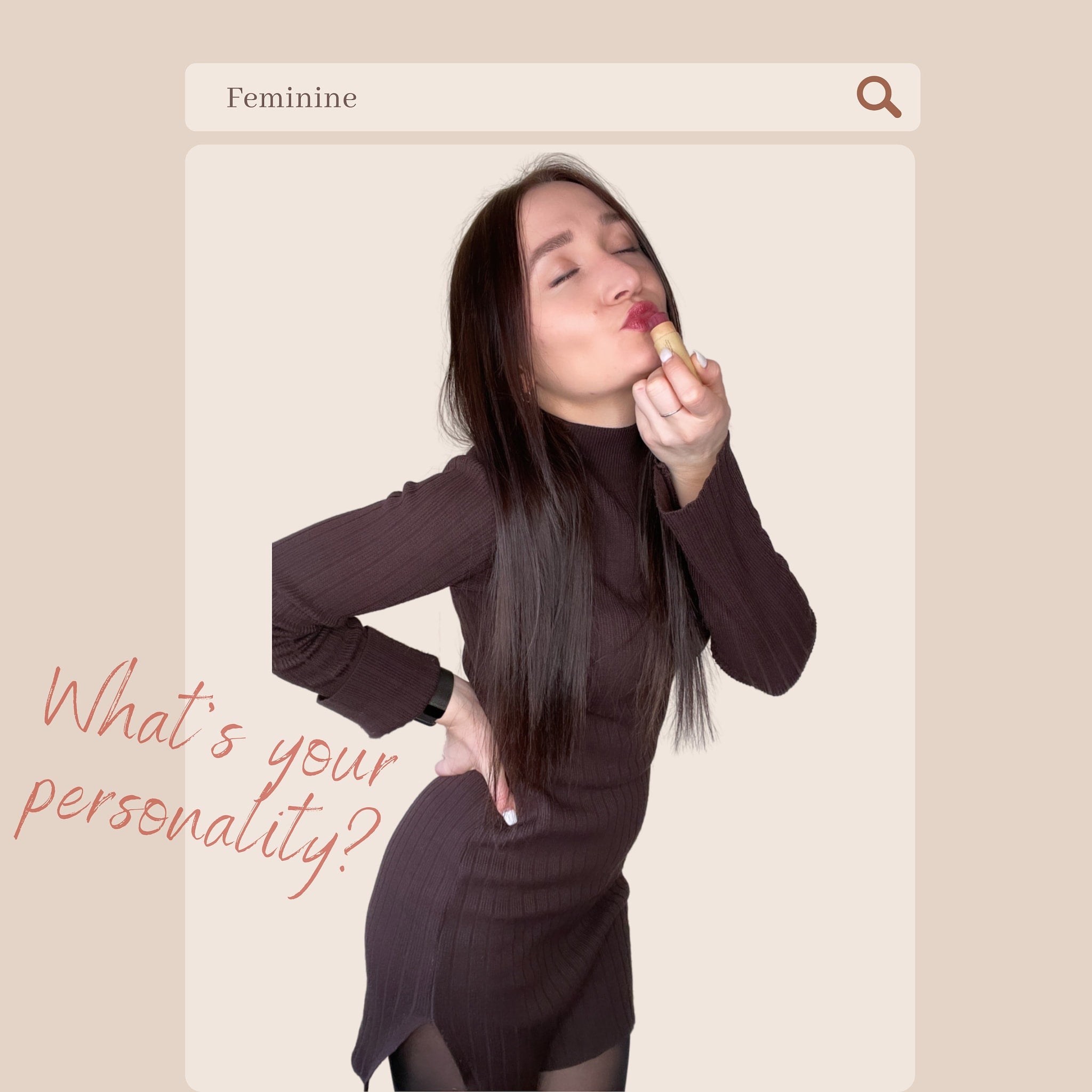 Brown ribbed dress with long sleeves, woman applying lipstick, feminine style