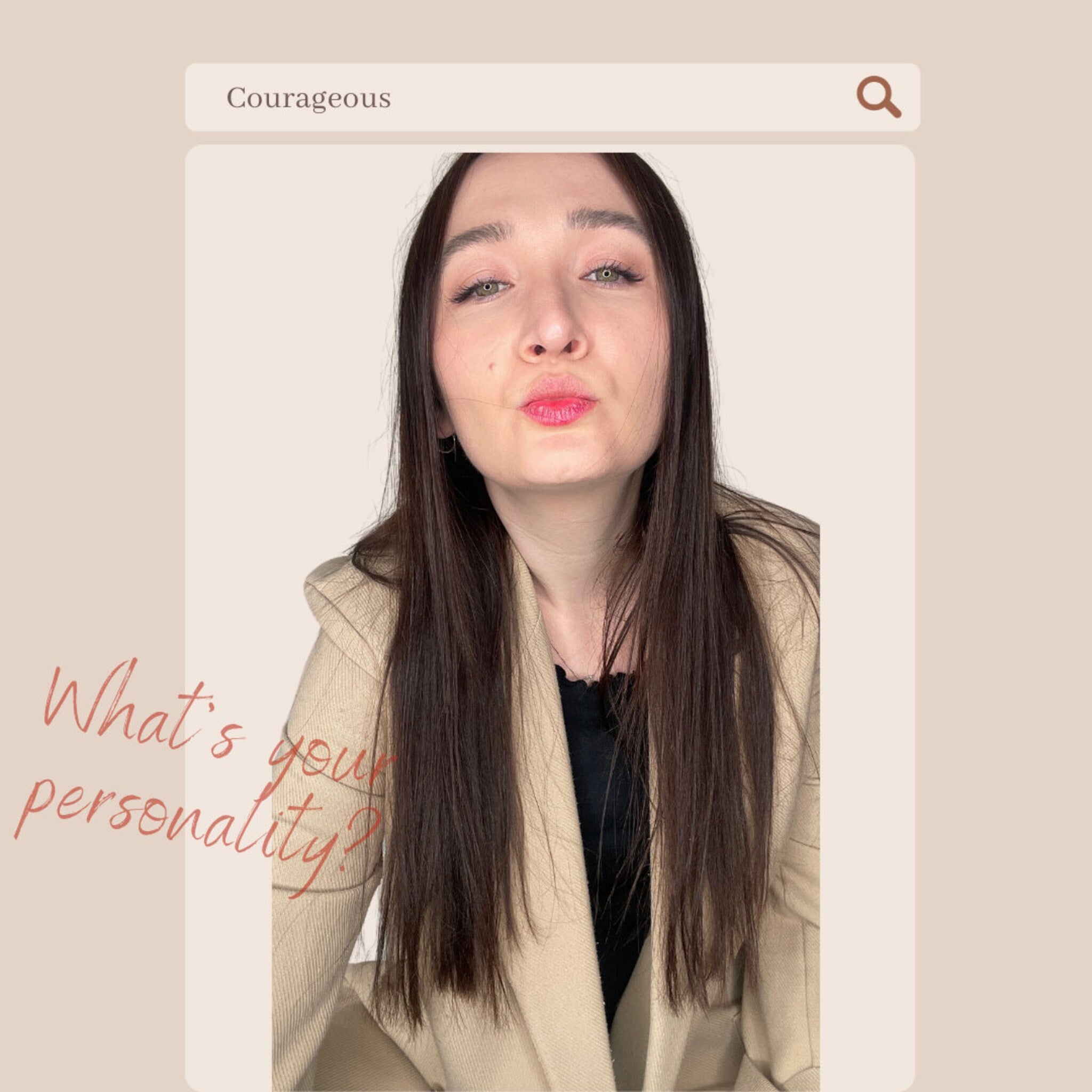 Woman in beige blazer with long dark hair and red lipstick, posing for a photo