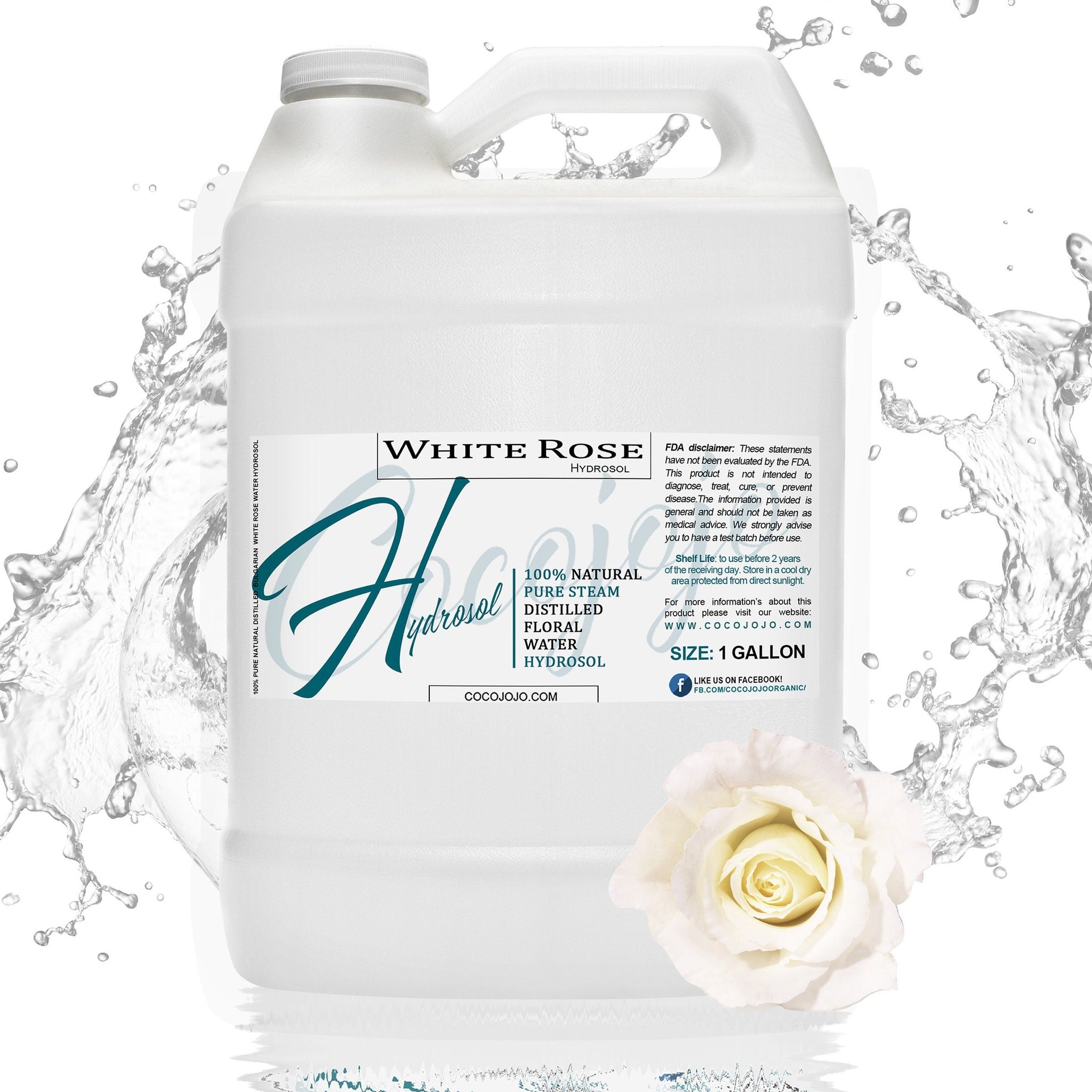 White Rose Hydrosol bottle, white plastic, water splash, CocoJojo brand label