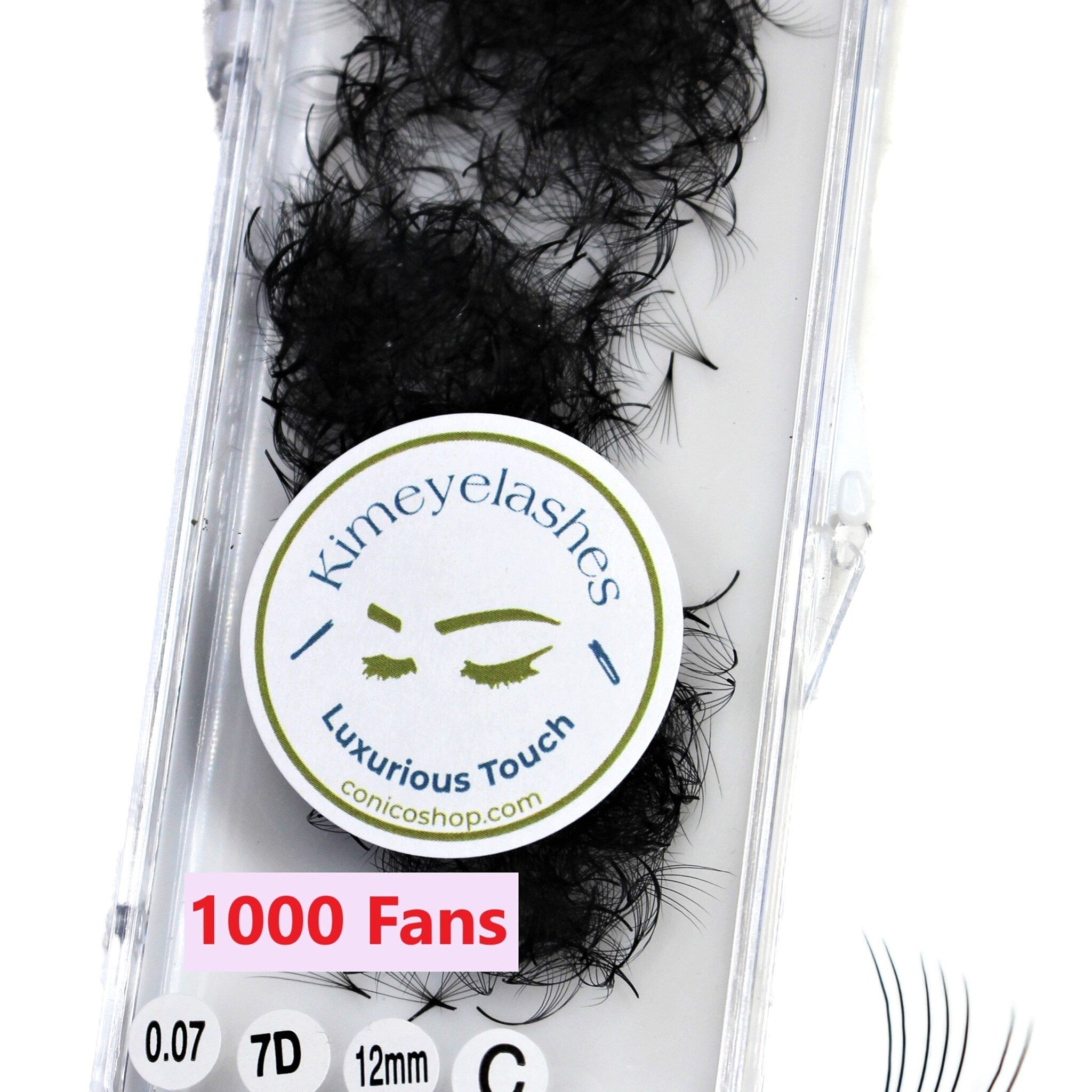 Eyelash extensions, black synthetic fans in clear plastic case, Kimeyelashes brand visible