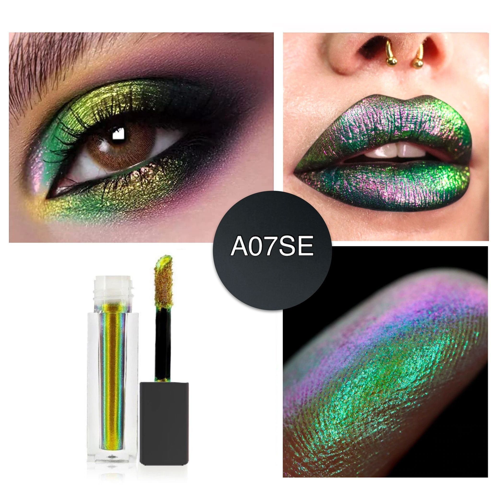 Side view of multichrome liquid eyeshadow bottle showing shifting mirror chrome shine on angled surface