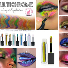 Chameleon multichrome liquid eyeshadow in shifting mirror chrome shine, showcasing metallic iridescent hues in sleek tube packaging