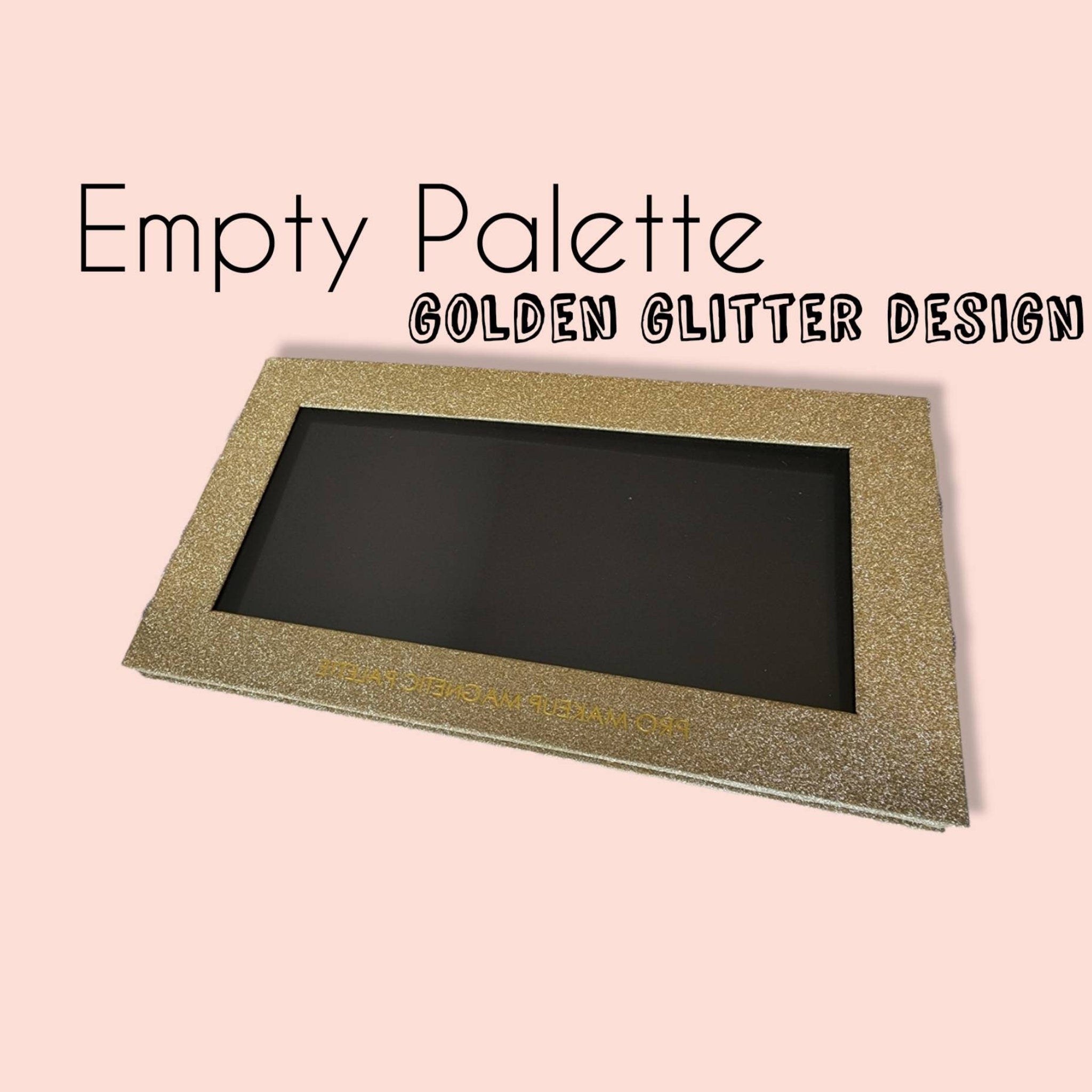 Side view of golden glitter magnetic eyeshadow palette showing multichrome pans in rectangular organizer