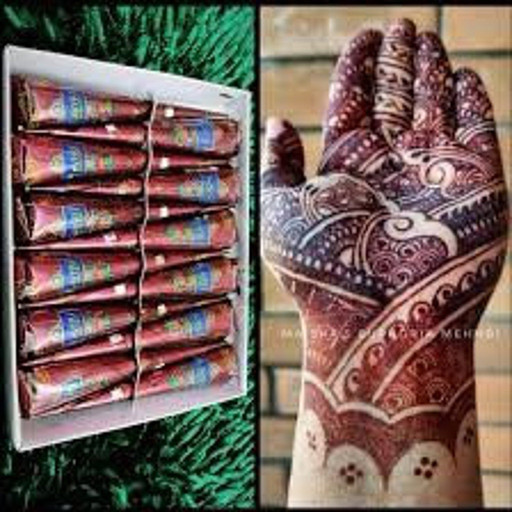 Twelve natural brown henna cones arranged in a circular pattern on a wooden tray with skincare ingredients