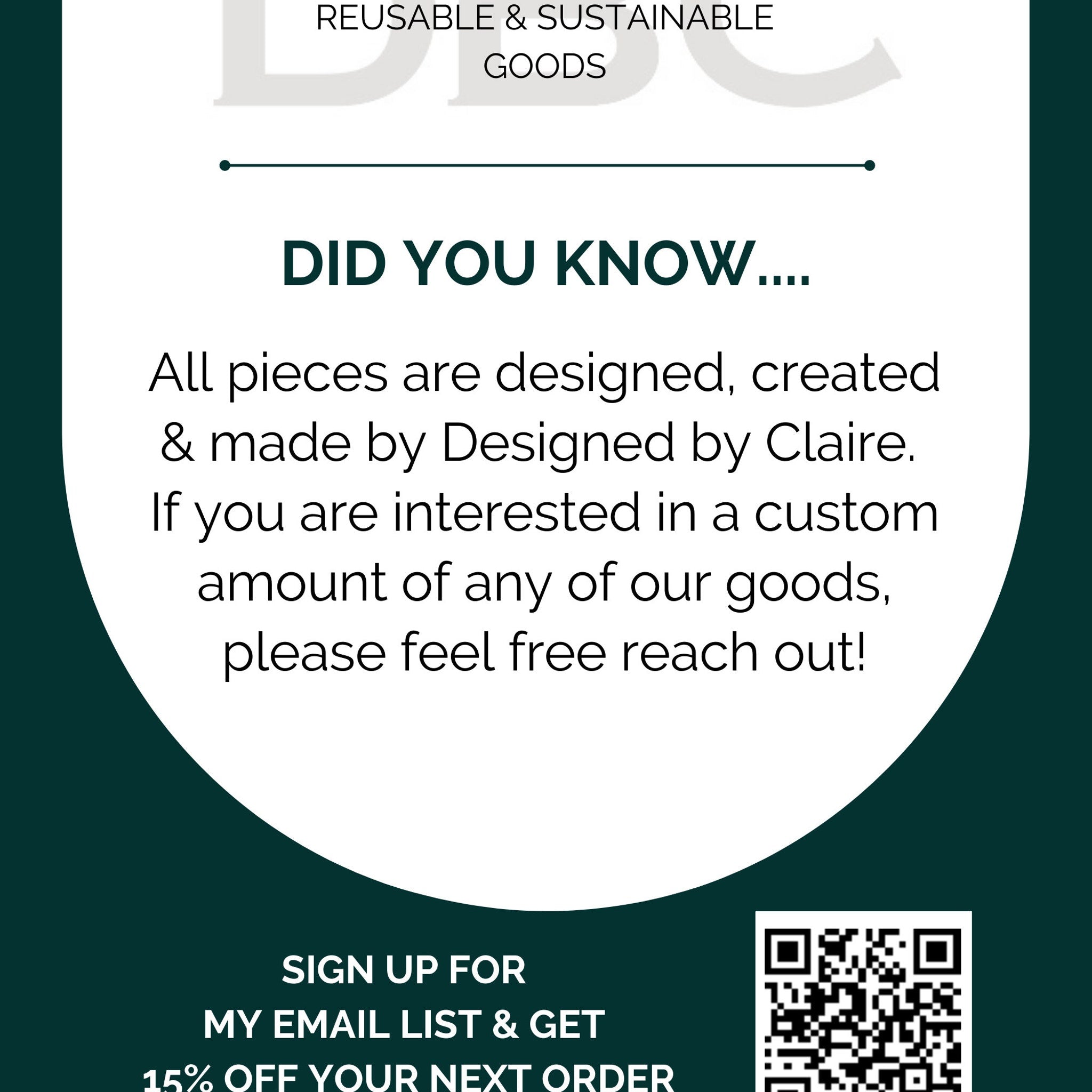 Designed by Claire graphic with white text on dark green background, QR code for email signup