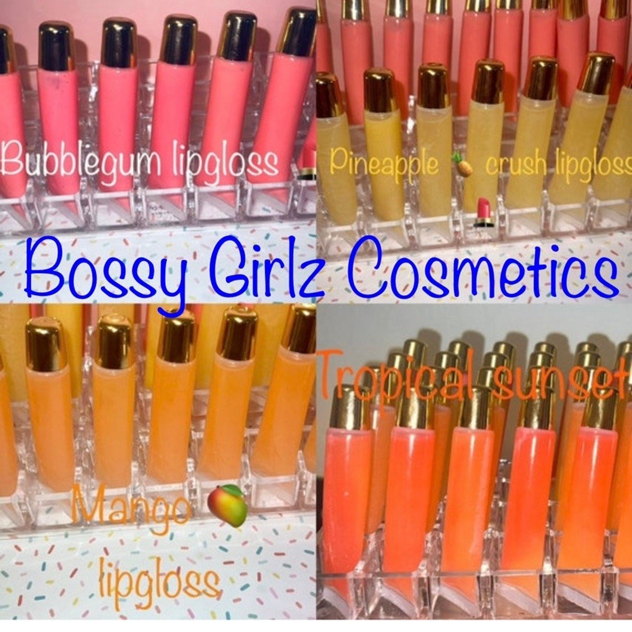 Lipgloss tubes with gold caps, clear tubes, and various colors, Bossy Girlz Cosmetics visible