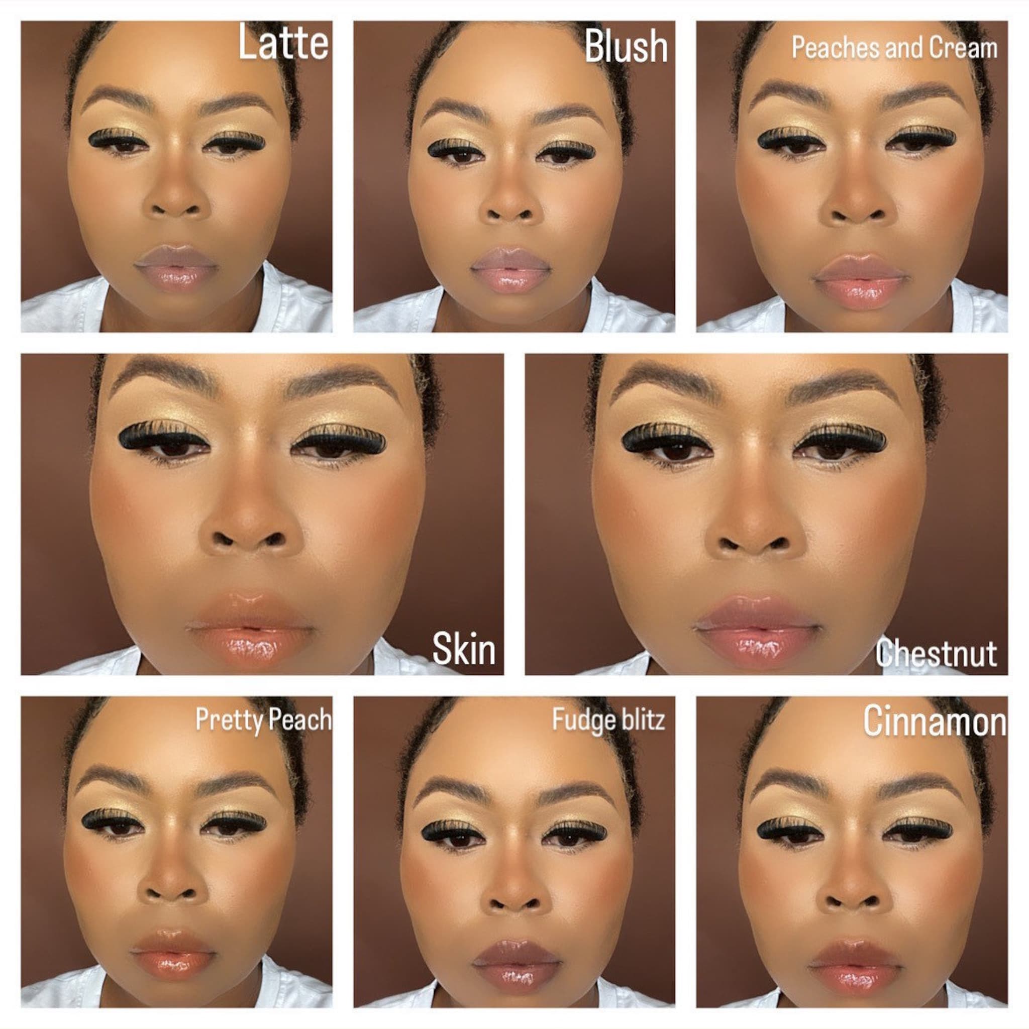 Makeup looks with various shades of blush, lipstick, and eyeshadow on a person's face, close-up view