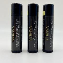 Lip balm tubes in black with white text, yellow accent, and "Vanilla" label