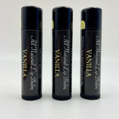 Lip balm tubes in black with vanilla text and yellow accent, Levs Naturals brand