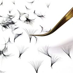 Eyelash extensions black clustered lashes with gold tweezers on white background