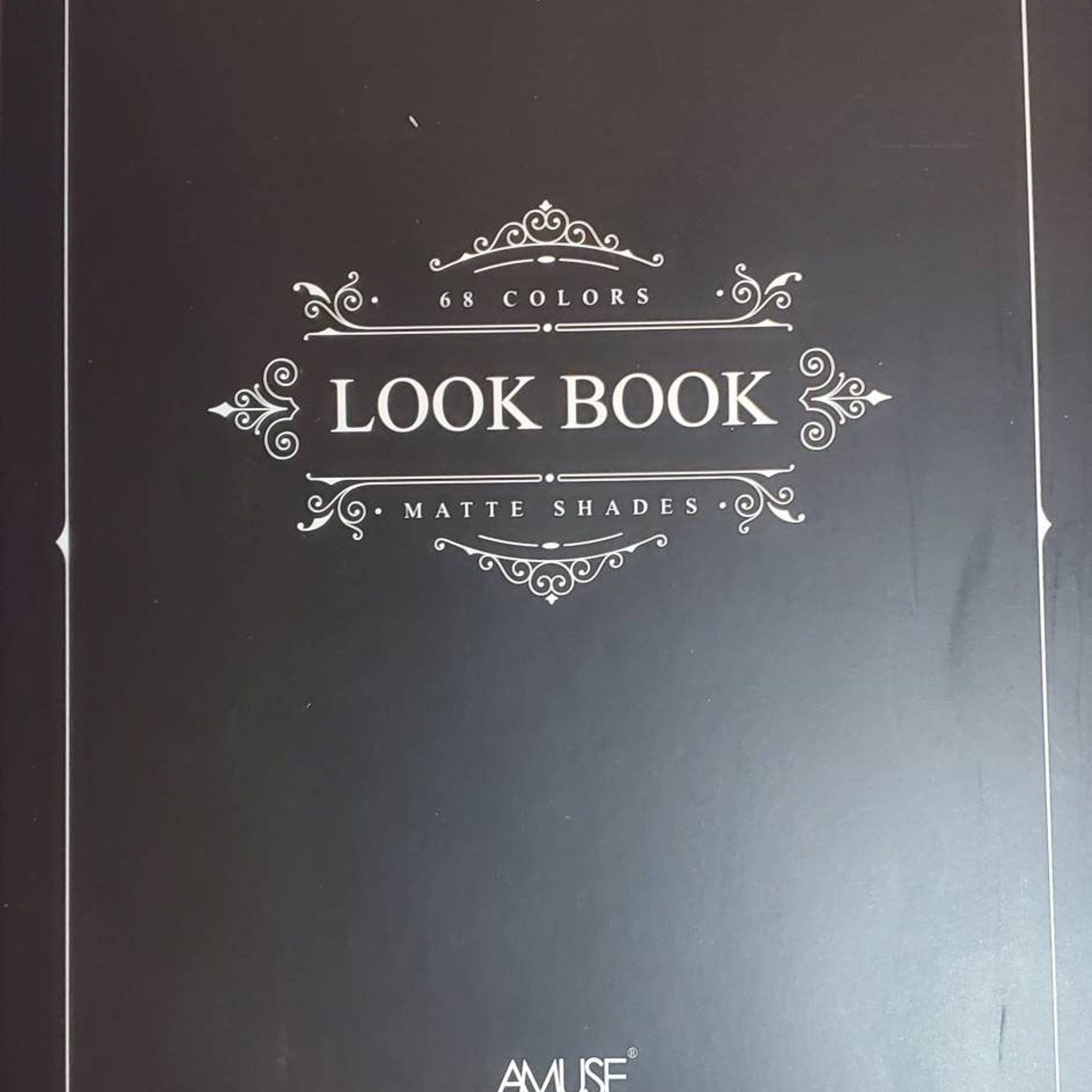 Look Book cover with black background, white text, and decorative flourishes, AMUSE brand