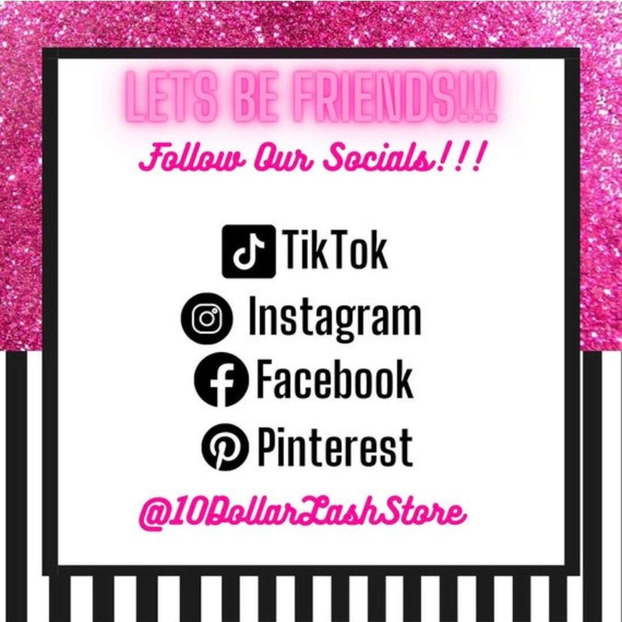 Social media icons on white background with pink glitter border and @10DollarLashStore text