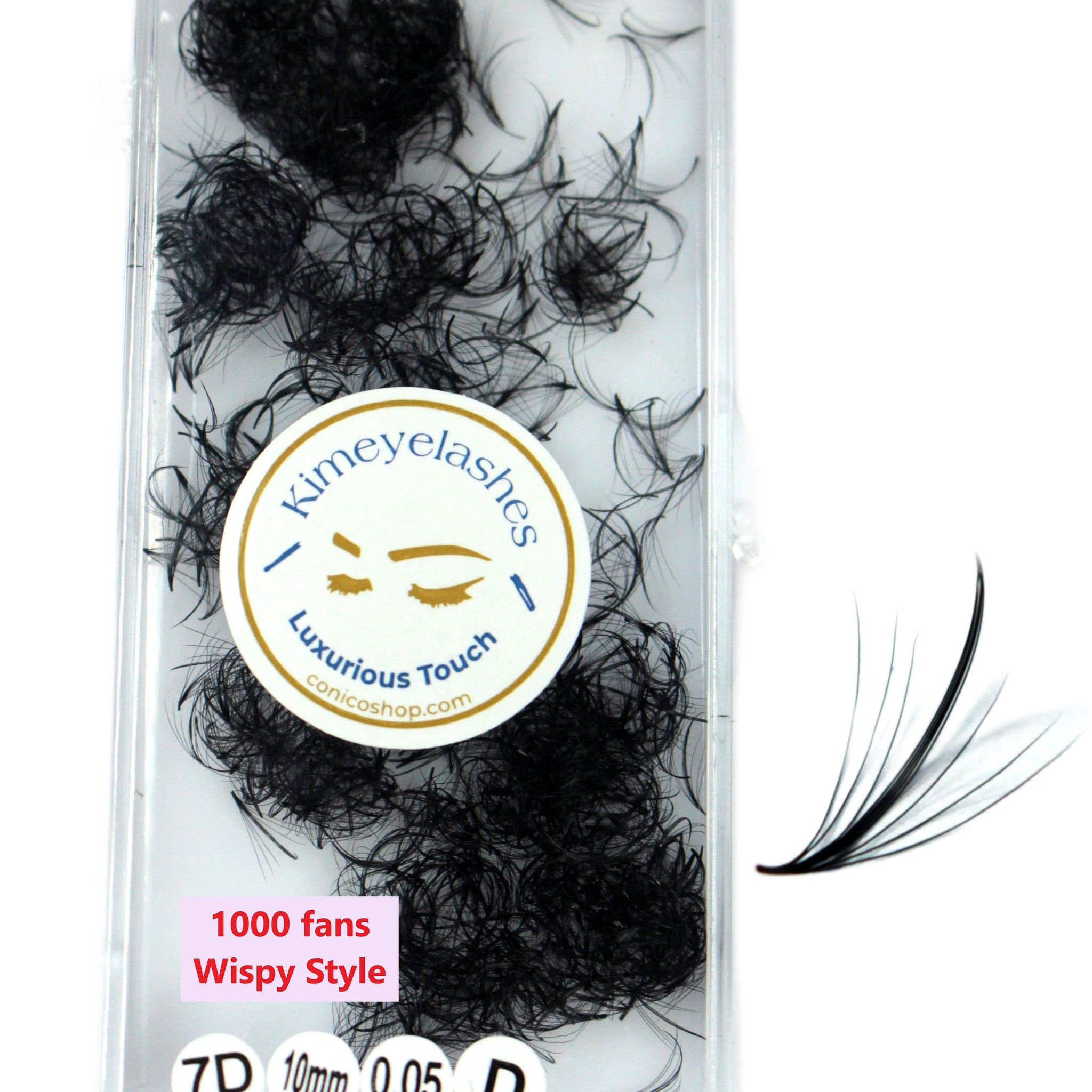 Eyelash extensions in black, wispy style, with Kimye Lashes branding in packaging