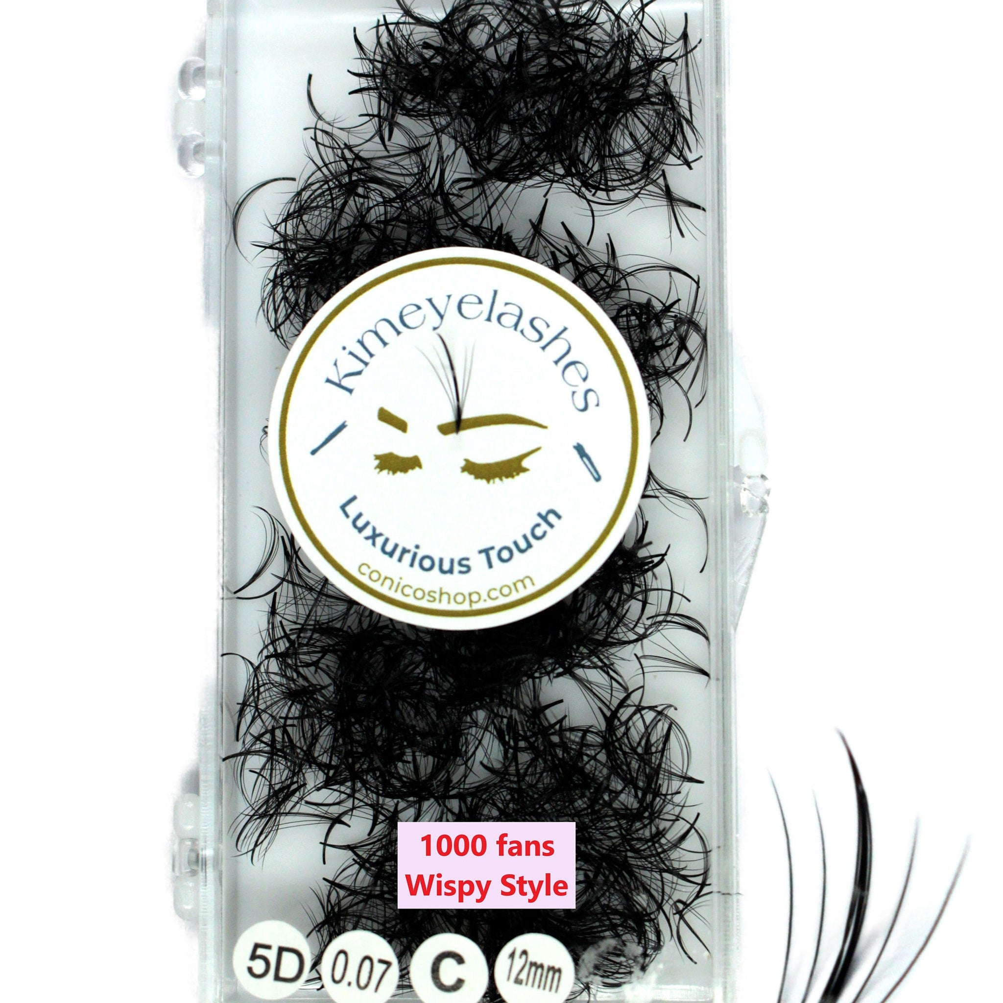 Eyelash extensions in black, wispy style, in clear plastic case with Kimye Lashes logo