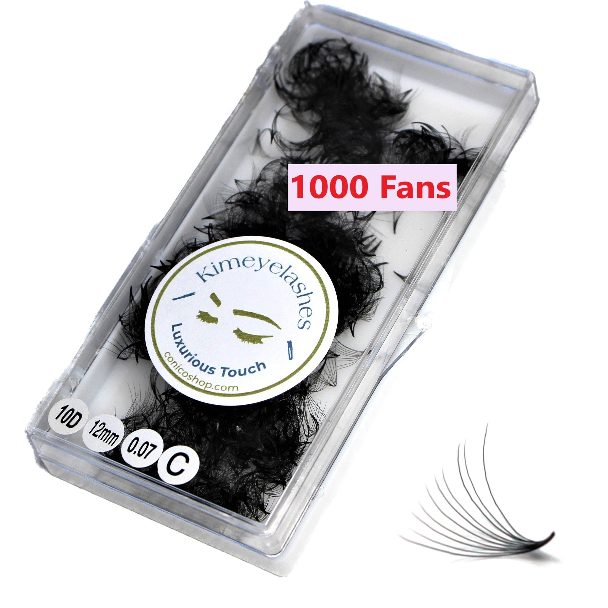 Eyelash extensions in clear plastic case, black synthetic fibers, Kimiyelashes brand text