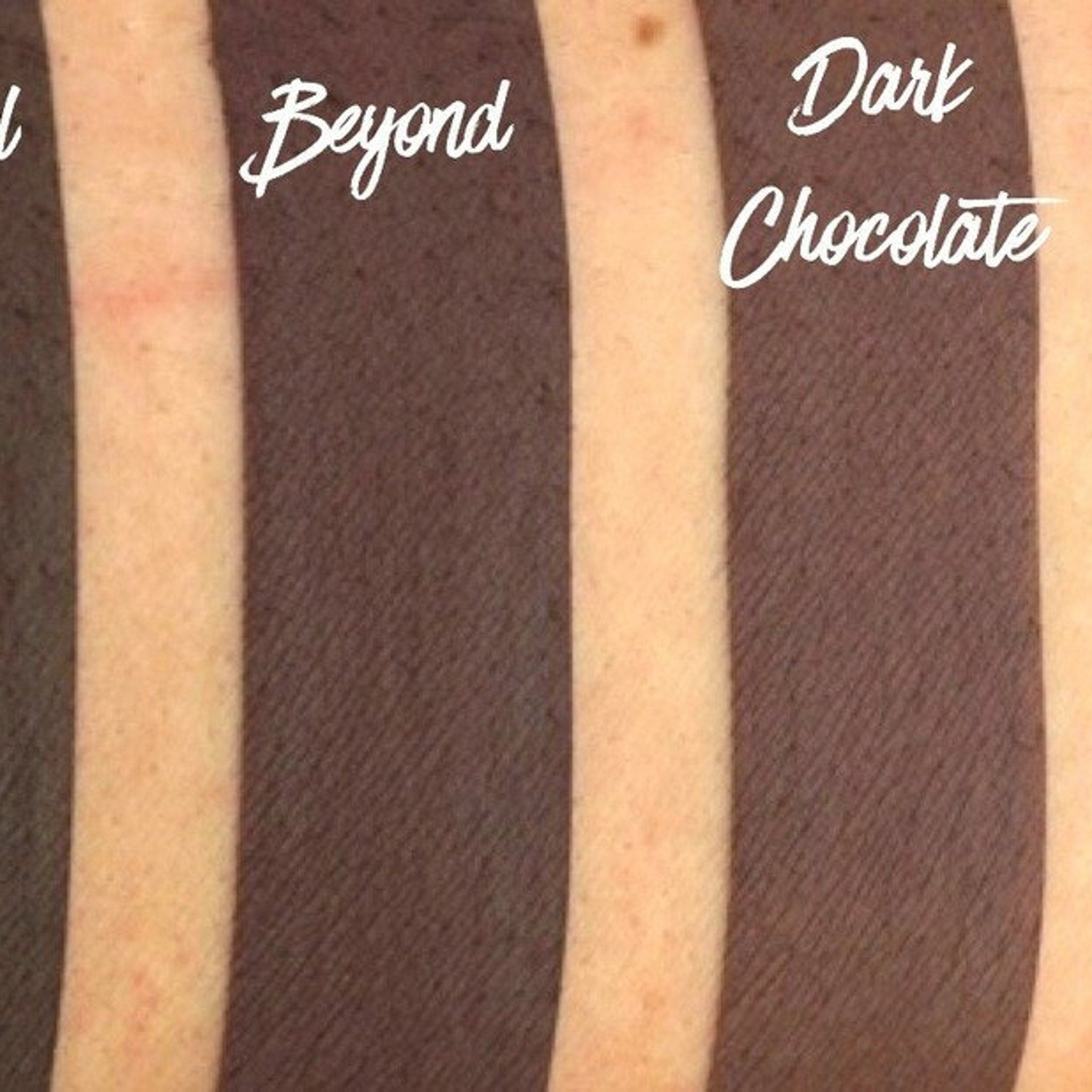 Close-up of fingertips applying matte pressed eyeshadow in a circular motion to eyelid