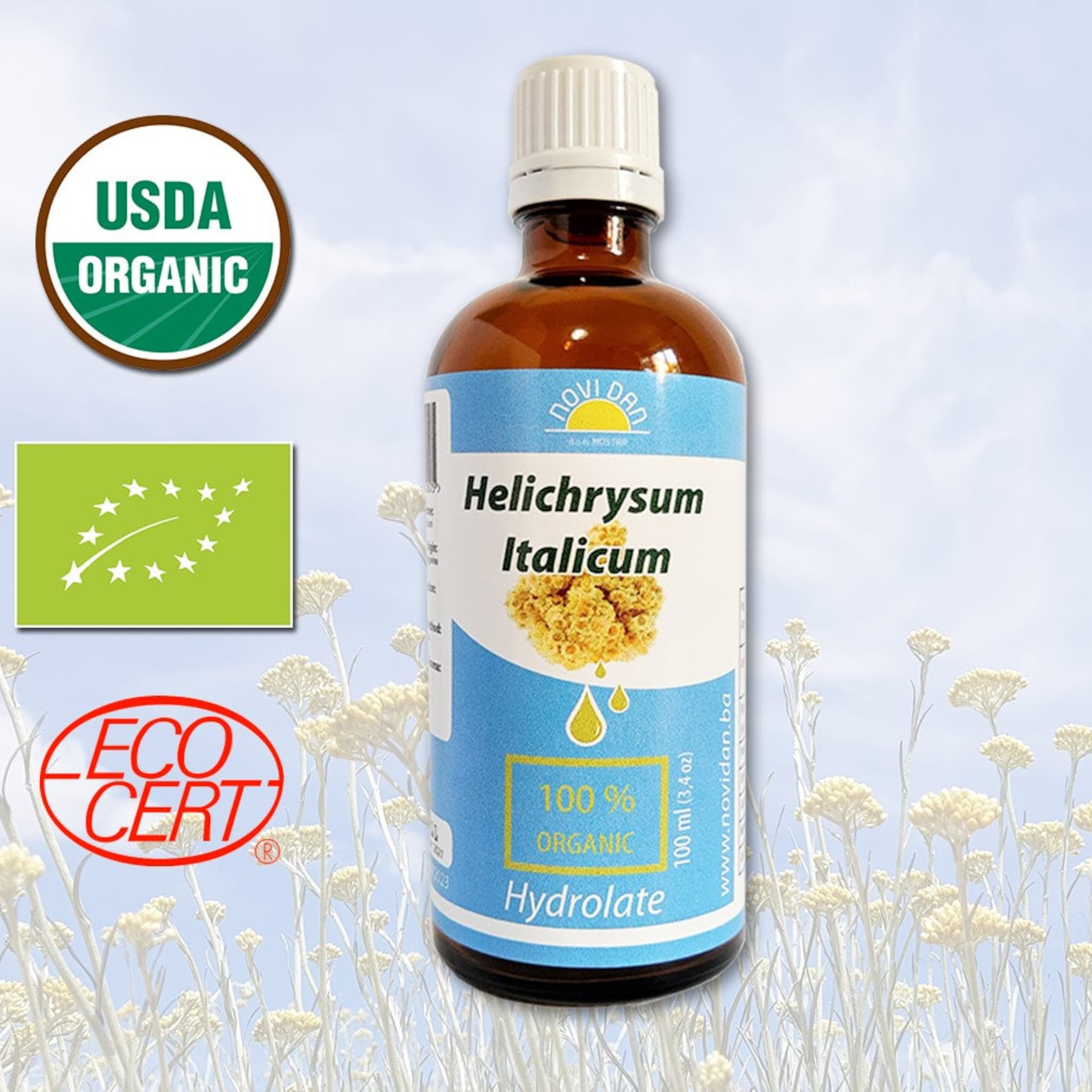 Toner bottle, amber glass, white cap, with "NOVI DAN" label, "Helichrysum Italicum" text