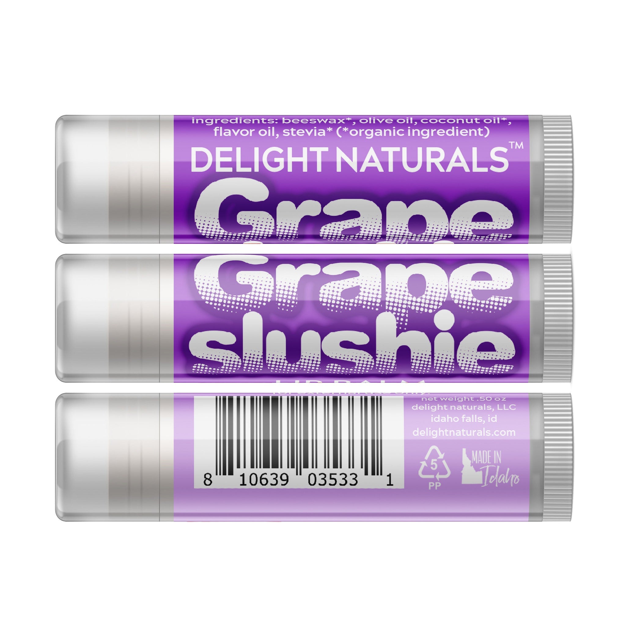 Lip balm tubes with purple and white design, Delight Naturals Grape Slushie brand name visible