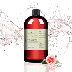 Rose Water Hydrosol bottle, red glass, black cap, with OPO brand label and rose
