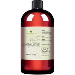 Lavender water bottle with red glass, black cap, and white label showing OPO brand