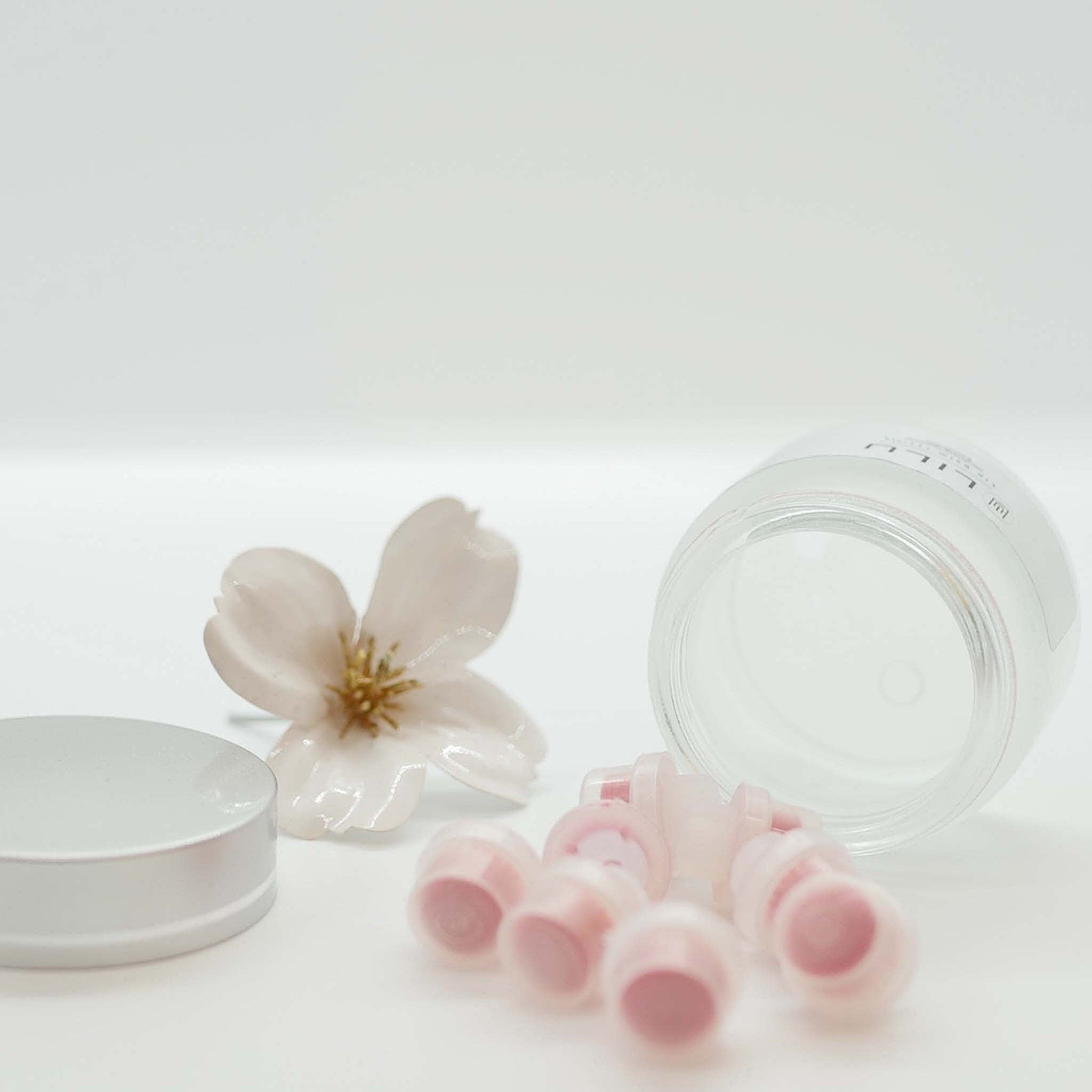 Lip balm refills pink and white, with clear container and flower accent