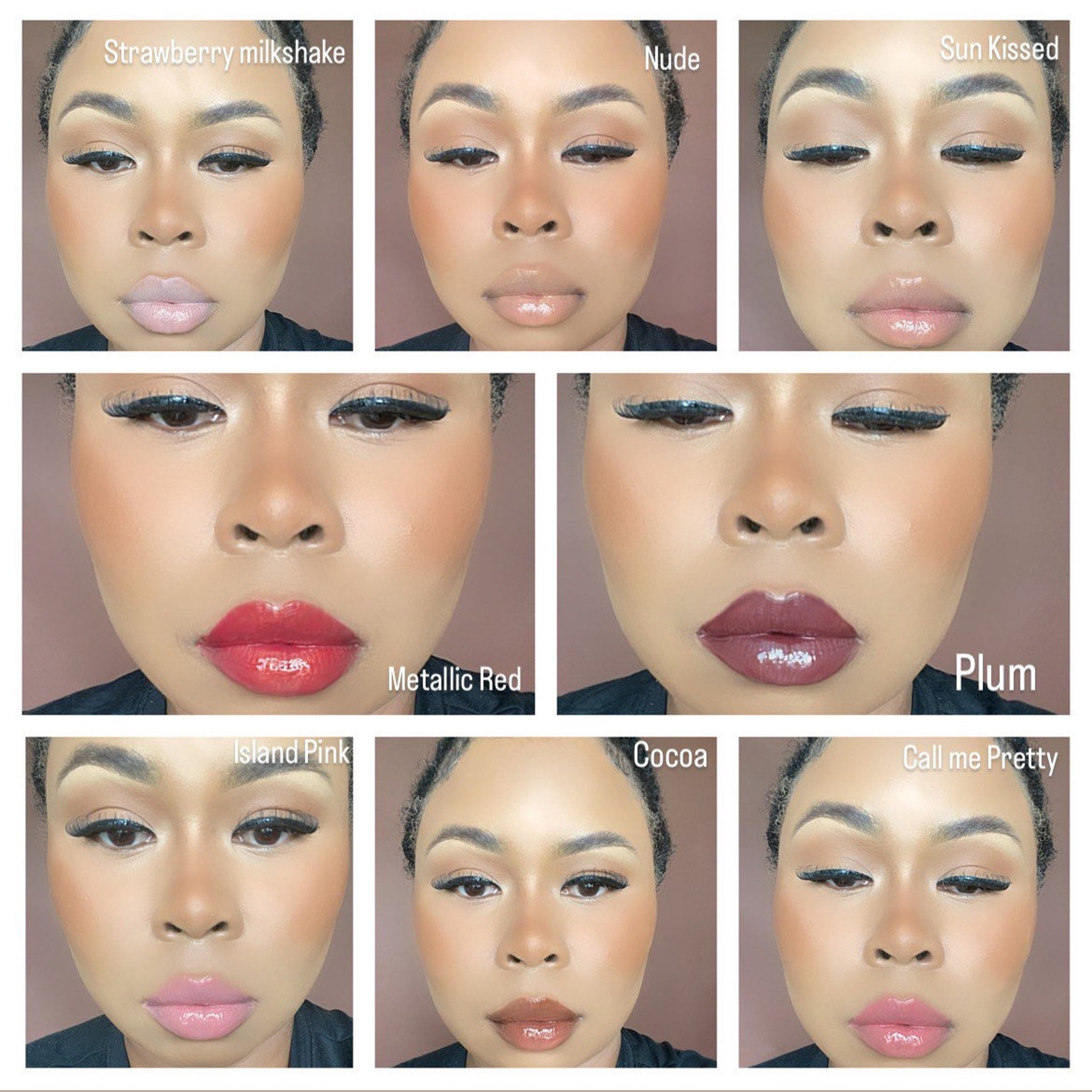 Lipstick swatches, glossy, nude, and sun-kissed shades on model's lips for color comparison