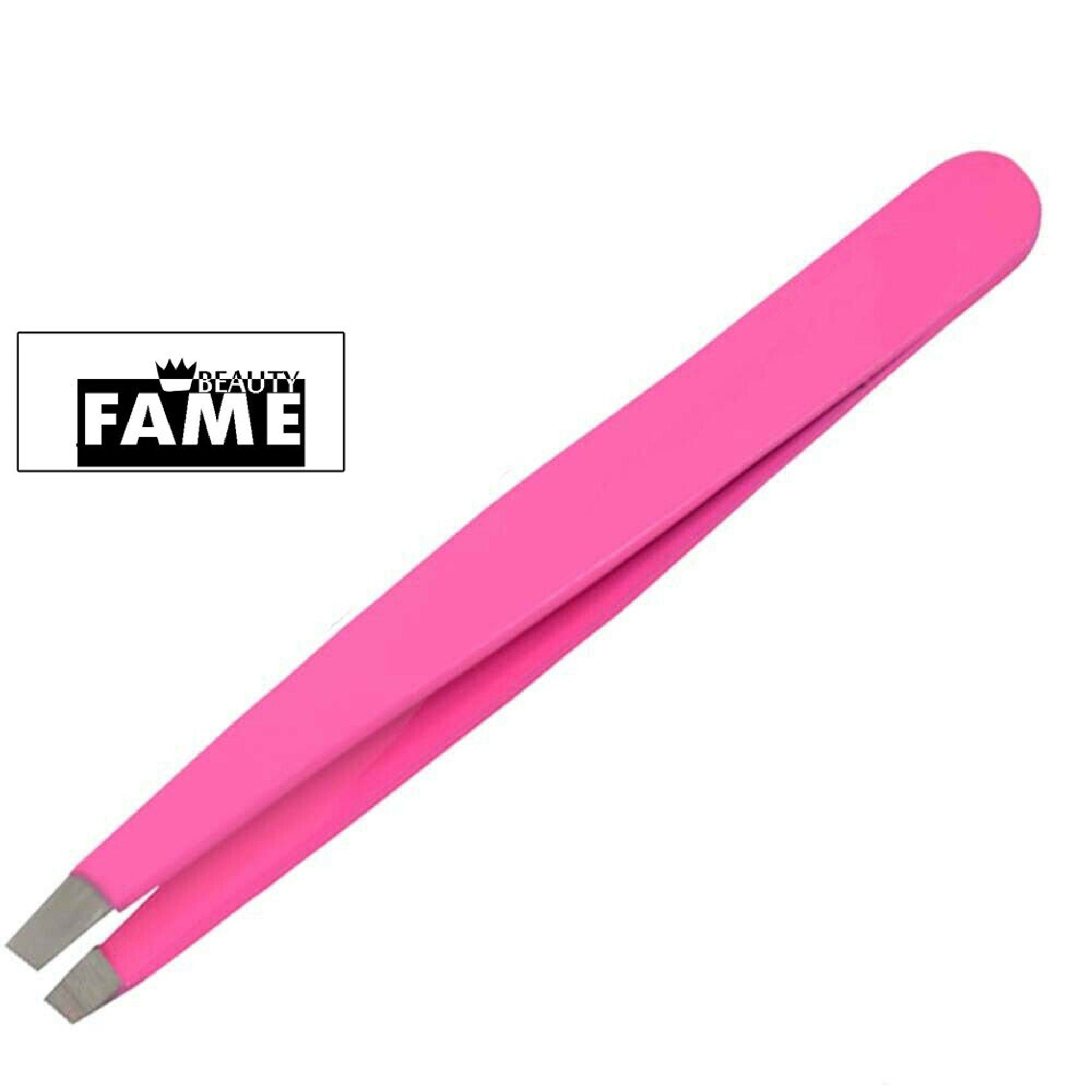 Tweezers pink metal tips with Beauty Fame logo on white background