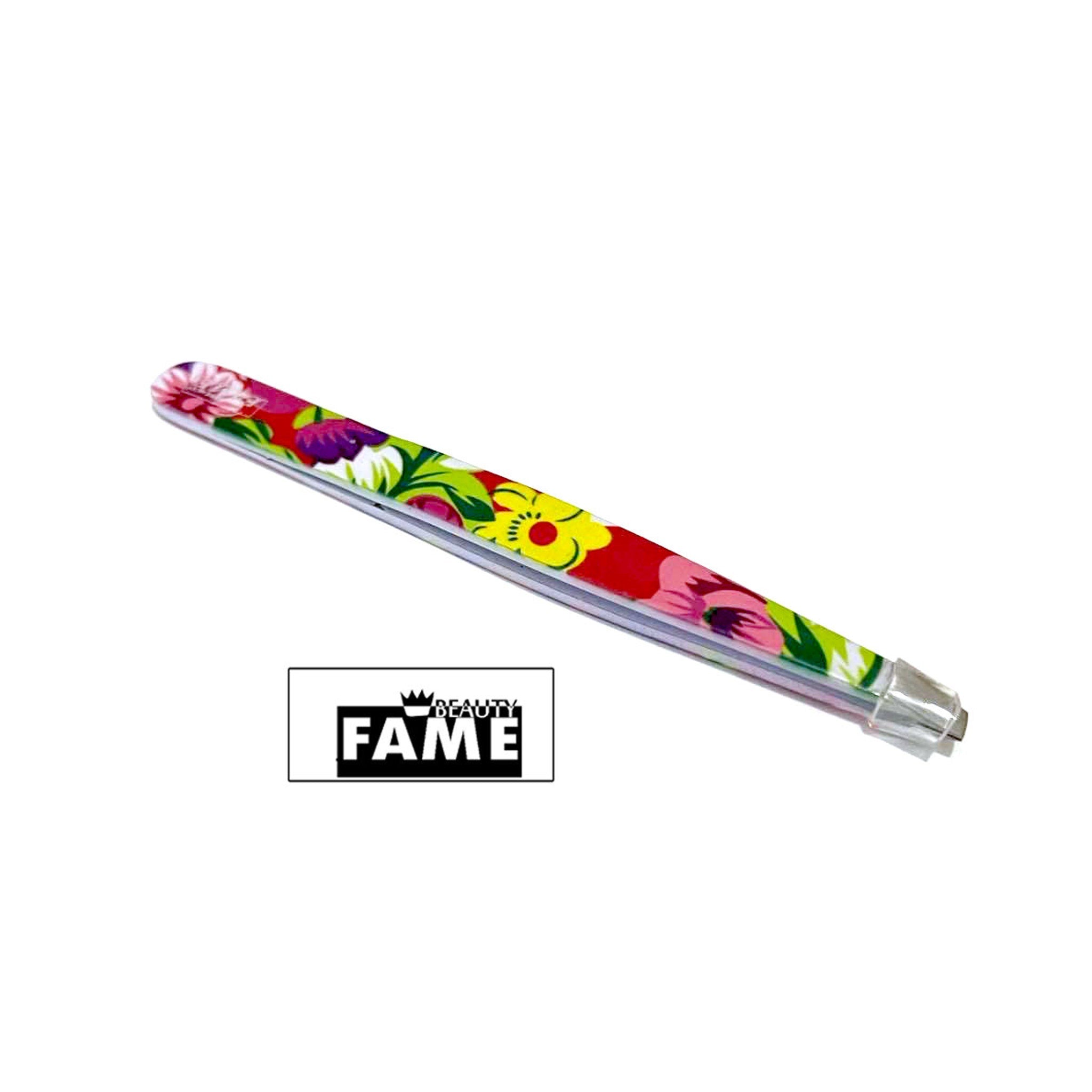 Tweezers with floral pattern, silver metal, and "Beauty Fame" brand name.