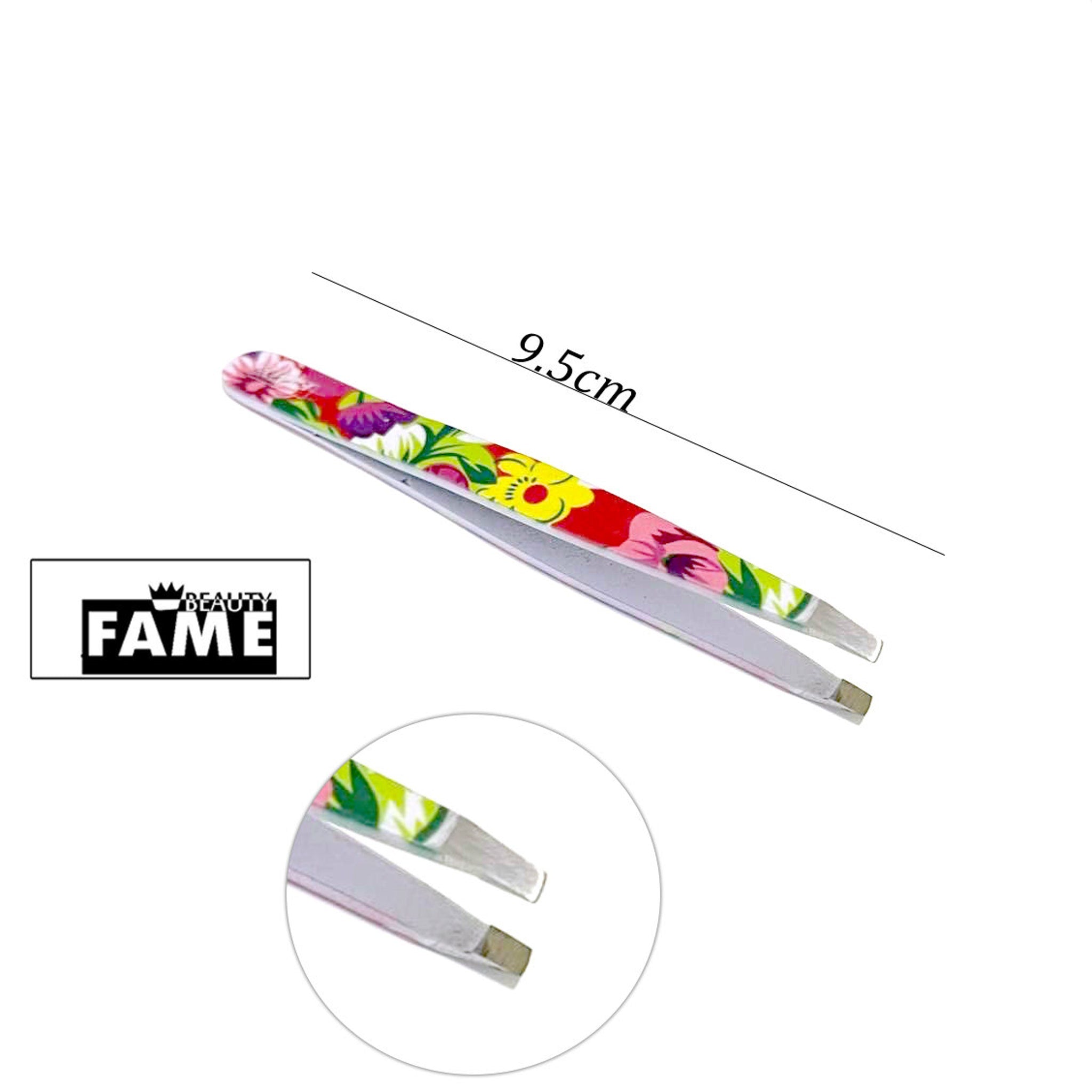 Tweezers with floral pattern, silver metal, and "Beauty Fame" text visible