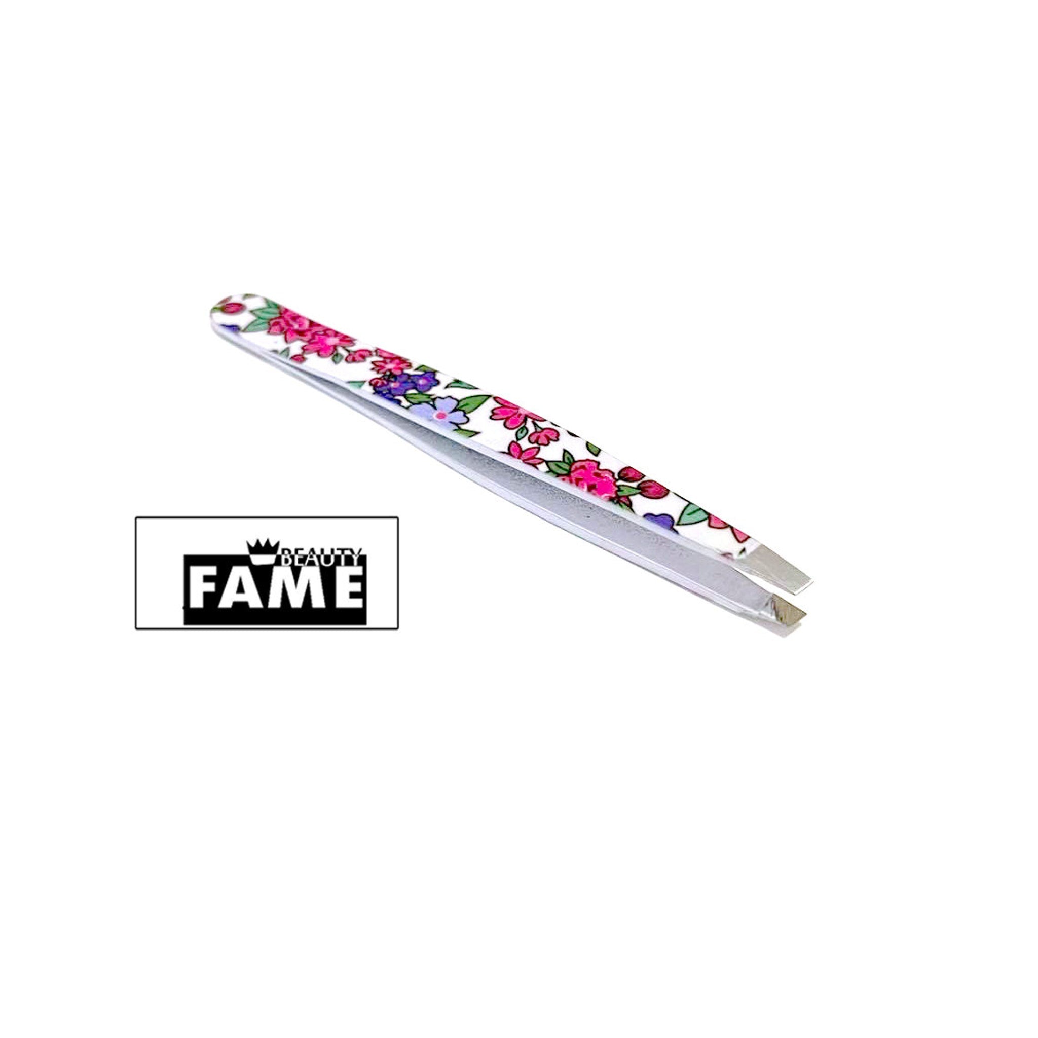 Tweezers with floral pattern, silver metal, and "BEAUTY FAME" logo on white background