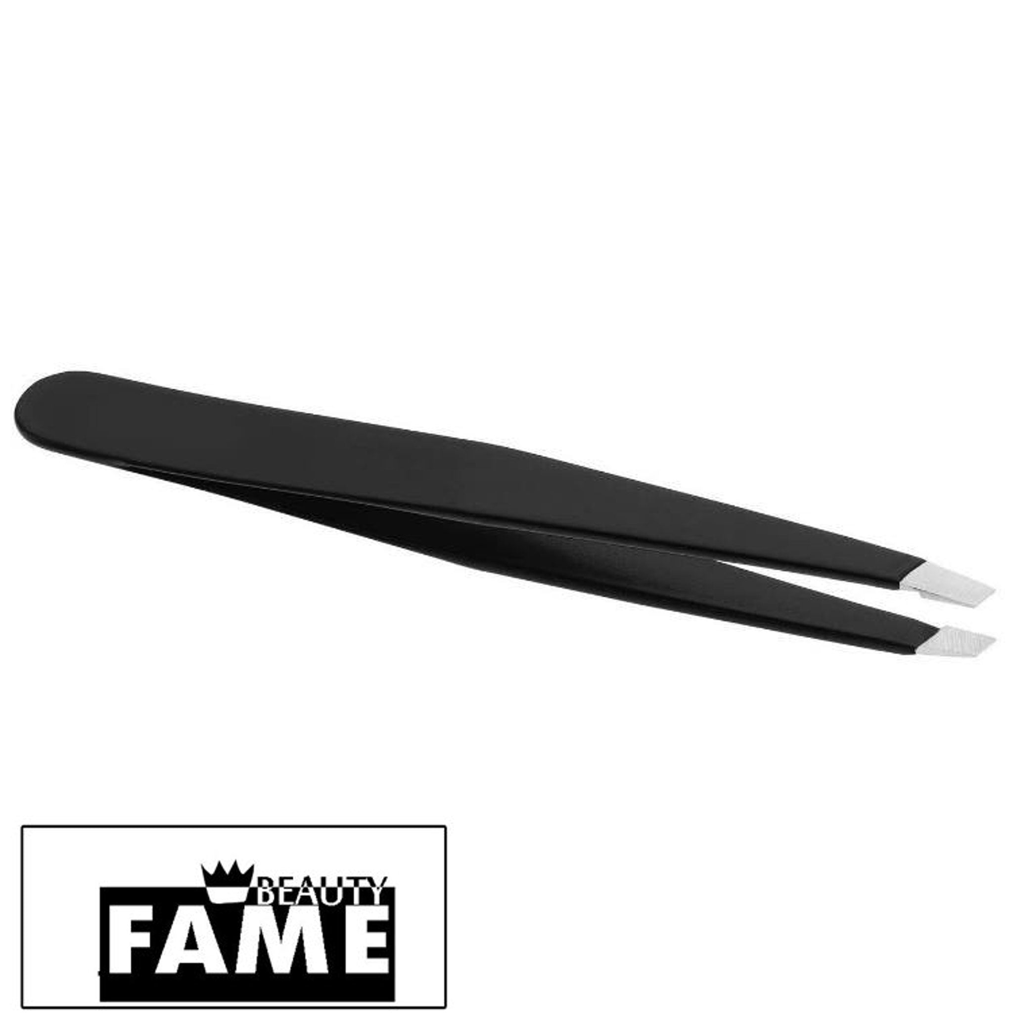 Tweezers black metal with angled tips, Beauty Fame brand logo visible